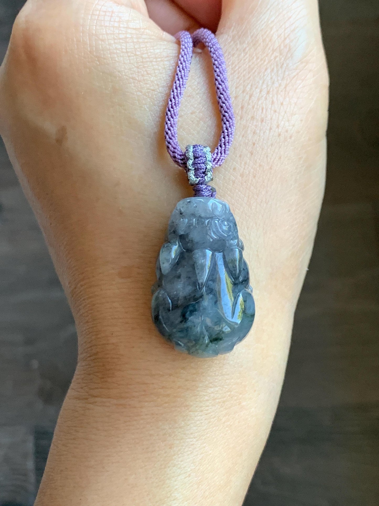 Natural Grade A Icy Translucent Wuji Jadeite w/ Light Purple Undertone Carved Large Pixiu Pendant Rope Necklace 19g 天然厚装冰紫乌鸡翡翠貔貅吊坠 FLP150