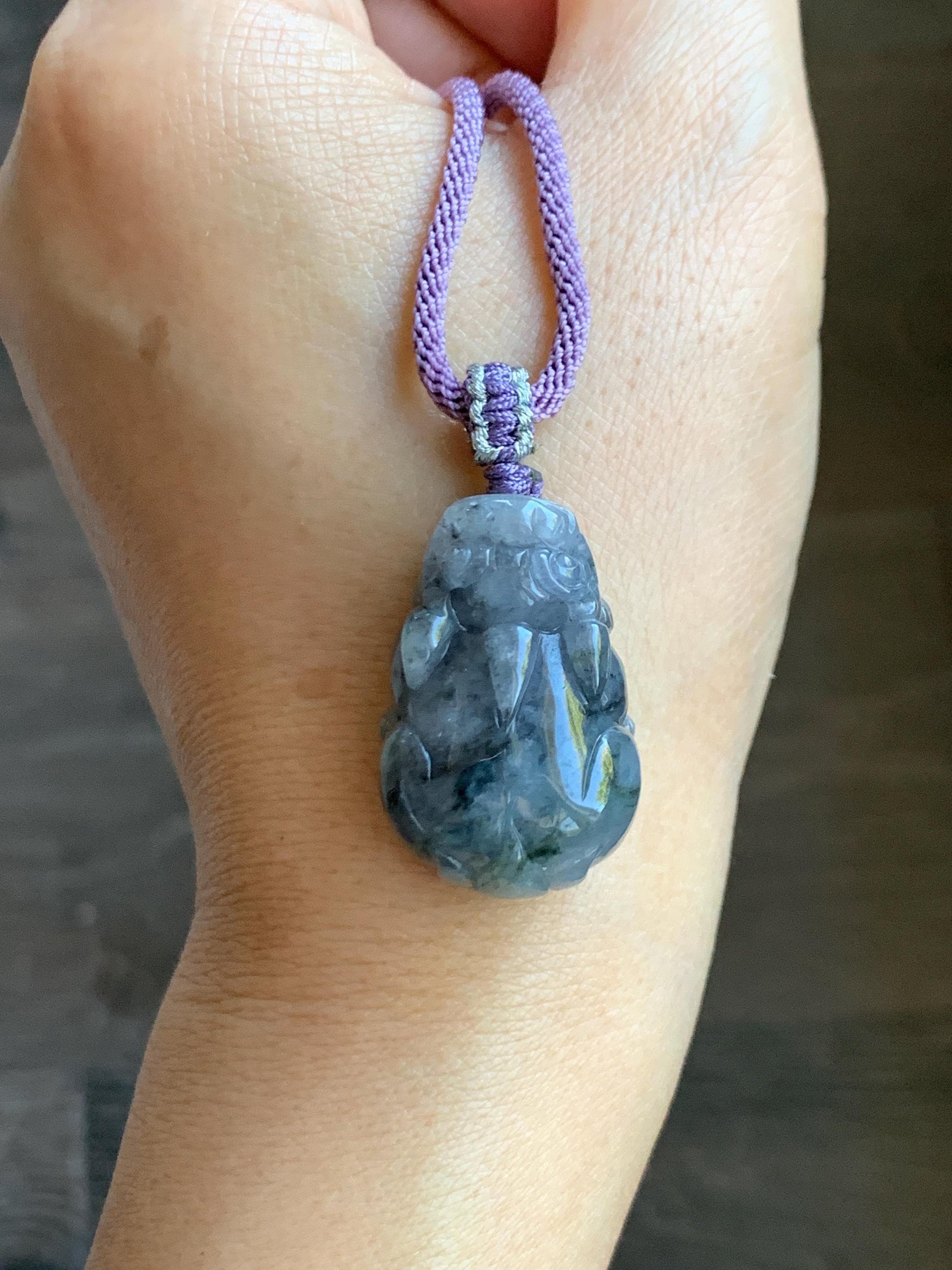 Natural Grade A Icy Translucent Wuji Jadeite w/ Light Purple Undertone Carved Large Pixiu Pendant Rope Necklace 19g 天然厚装冰紫乌鸡翡翠貔貅吊坠 FLP150