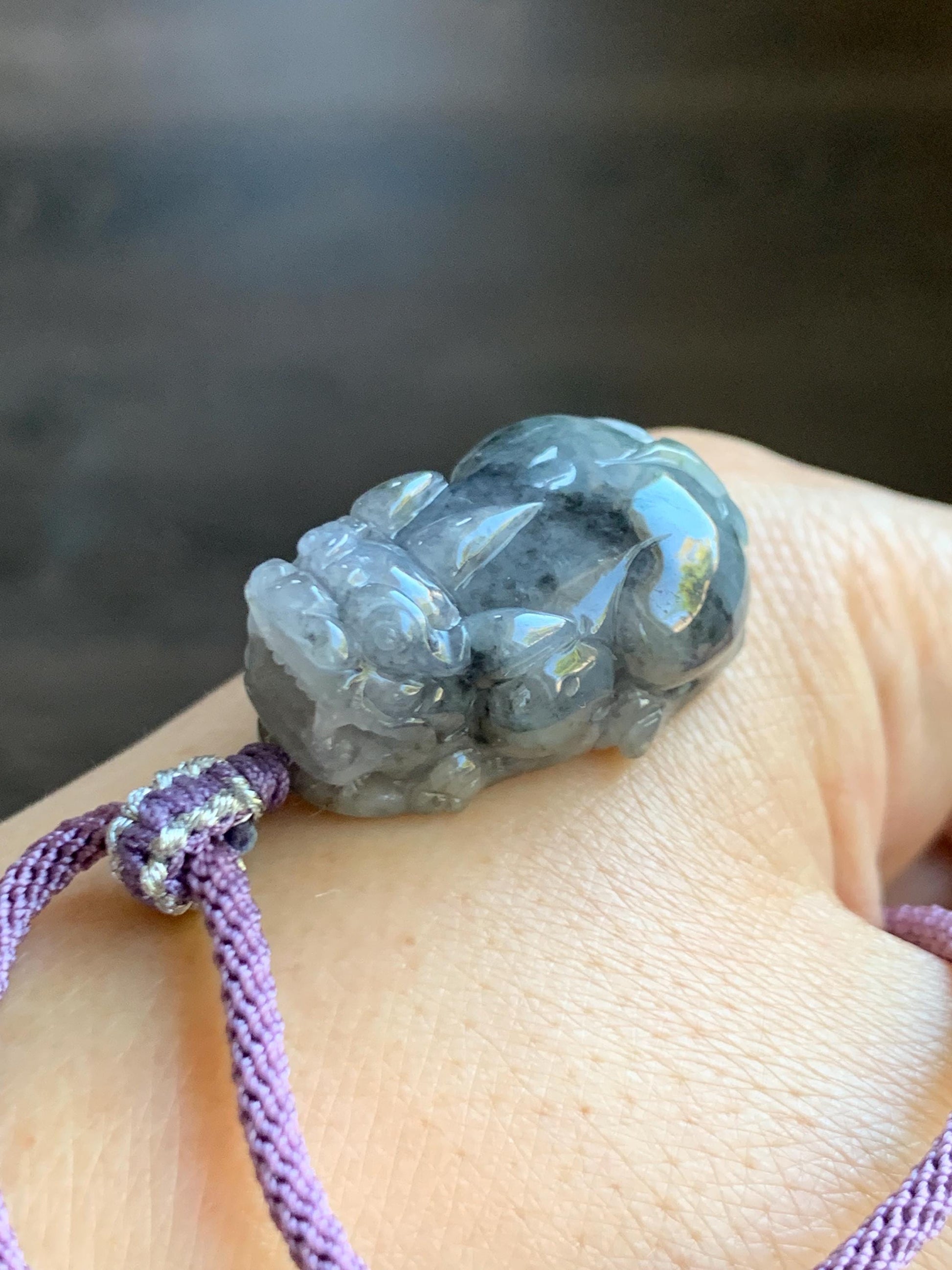 Natural Grade A Icy Translucent Wuji Jadeite w/ Light Purple Undertone Carved Large Pixiu Pendant Rope Necklace 19g 天然厚装冰紫乌鸡翡翠貔貅吊坠 FLP150