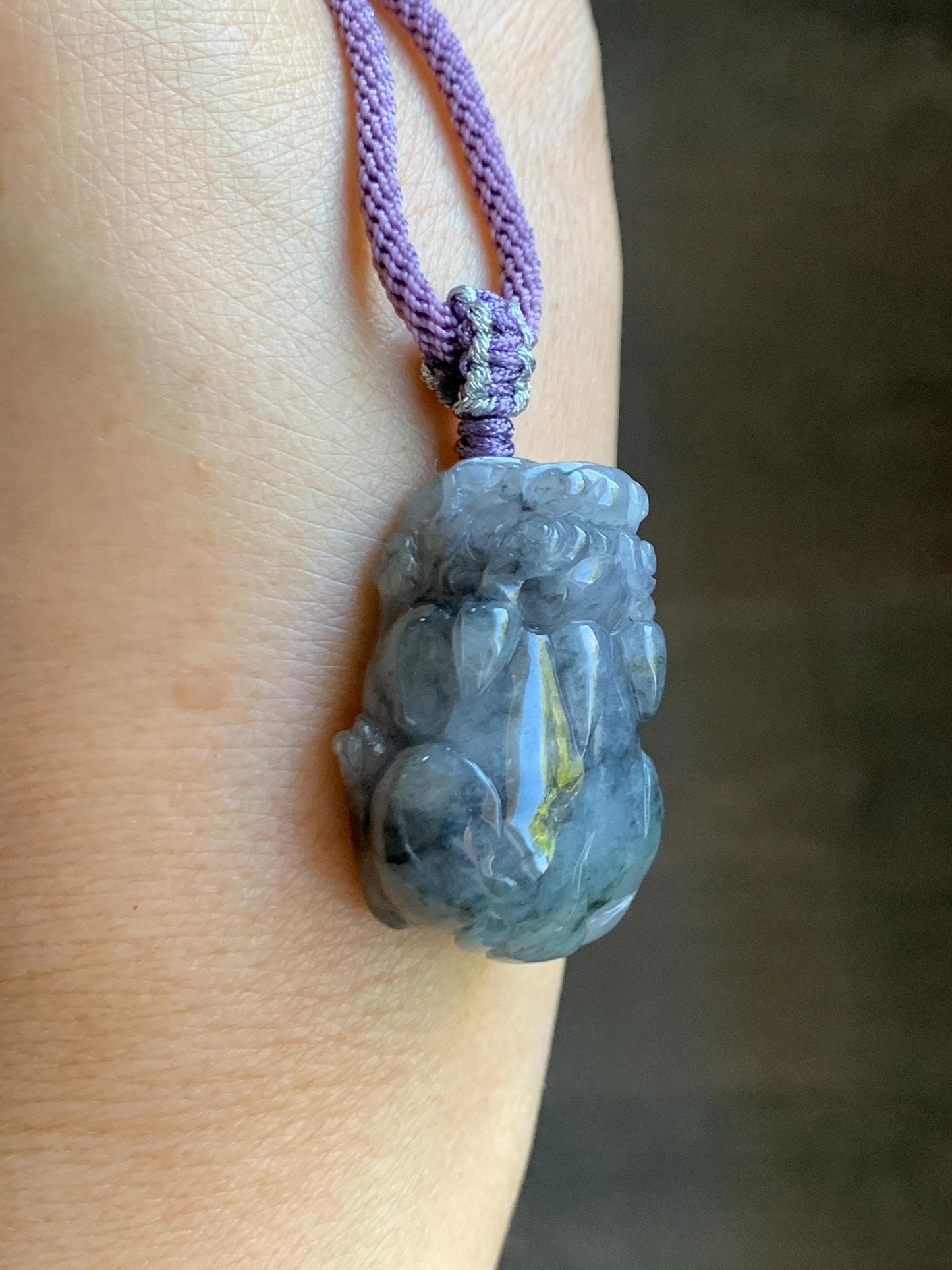 Natural Grade A Icy Translucent Wuji Jadeite w/ Light Purple Undertone Carved Large Pixiu Pendant Rope Necklace 19g 天然厚装冰紫乌鸡翡翠貔貅吊坠 FLP150