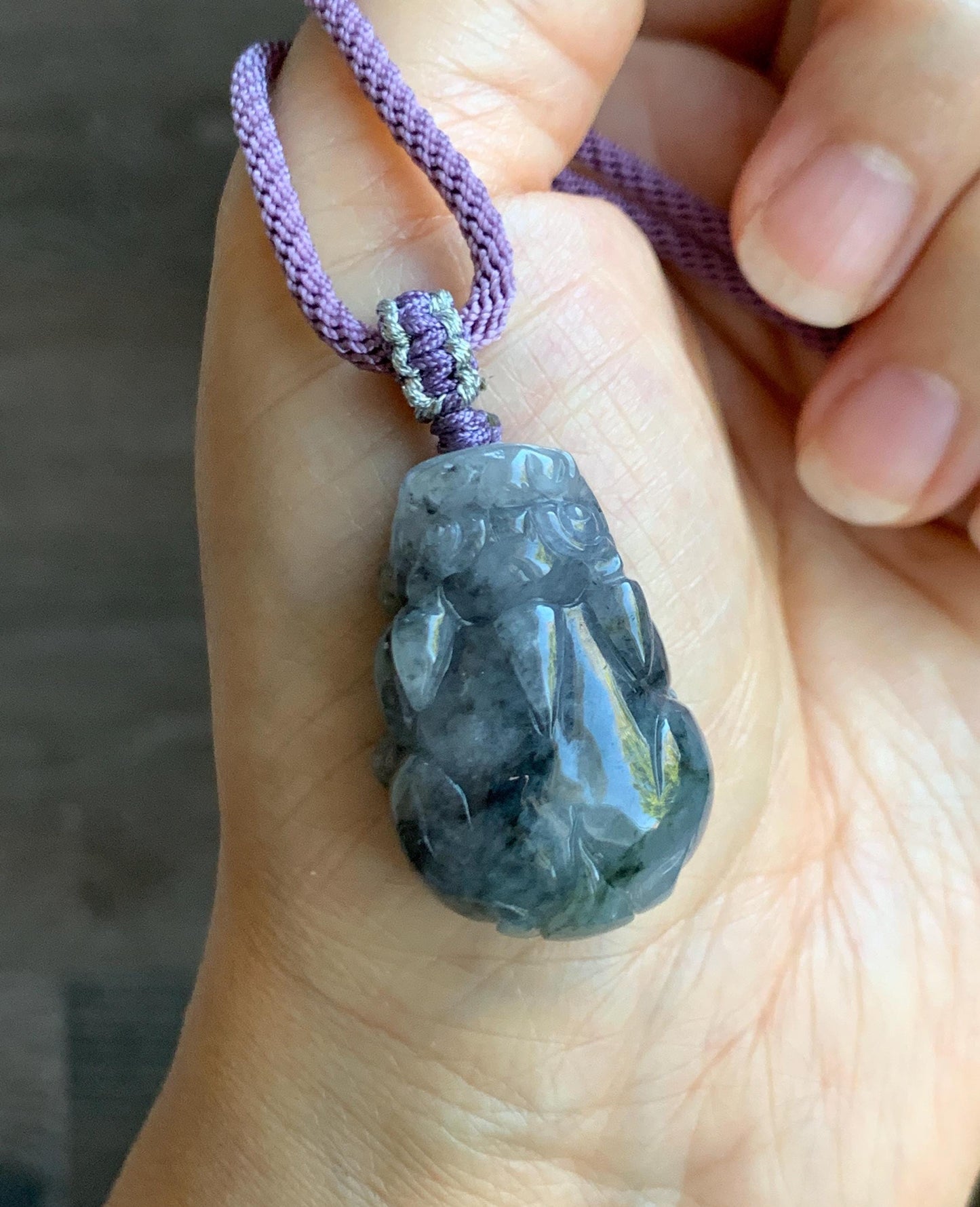 Natural Grade A Icy Translucent Wuji Jadeite w/ Light Purple Undertone Carved Large Pixiu Pendant Rope Necklace 19g 天然厚装冰紫乌鸡翡翠貔貅吊坠 FLP150