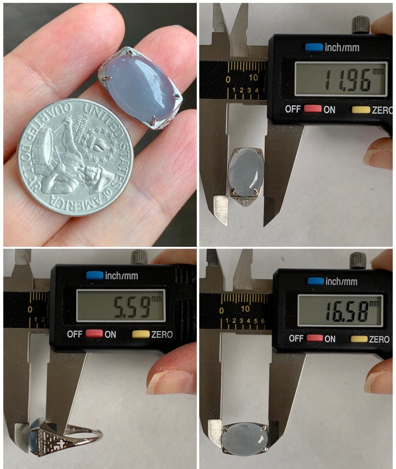 Natural Grade A Guatemalan Icy Highly Translucent Pastel Blue Jade Jadeite Oval Ring Sterling Silver Size Adjustable 天然冰胶危浅蓝翡翠镶嵌戒指 QLW168