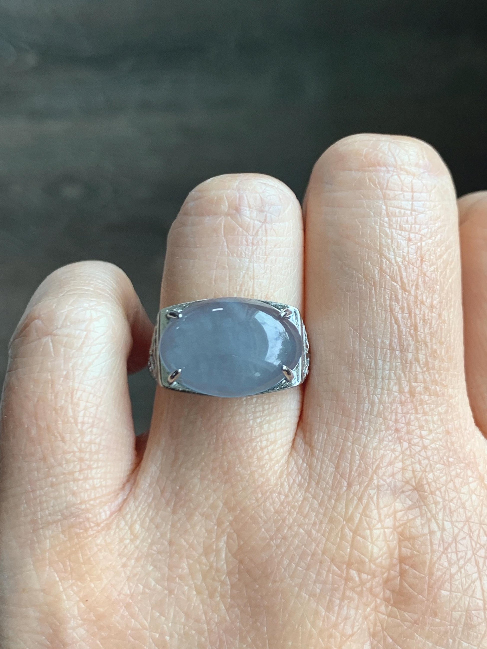 Natural Grade A Guatemalan Icy Highly Translucent Pastel Blue Jade Jadeite Oval Ring Sterling Silver Size Adjustable 天然冰胶危浅蓝翡翠镶嵌戒指 QLW168