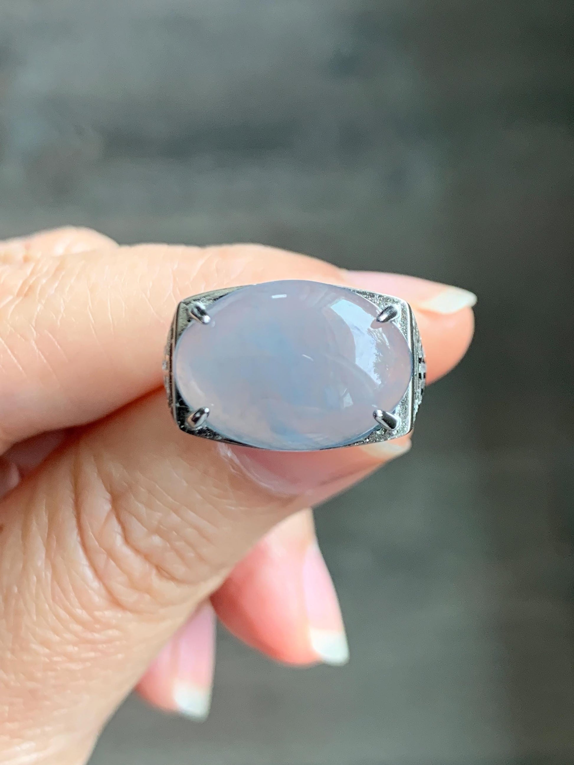 Natural Grade A Guatemalan Icy Highly Translucent Pastel Blue Jade Jadeite Oval Ring Sterling Silver Size Adjustable 天然冰胶危浅蓝翡翠镶嵌戒指 QLW168