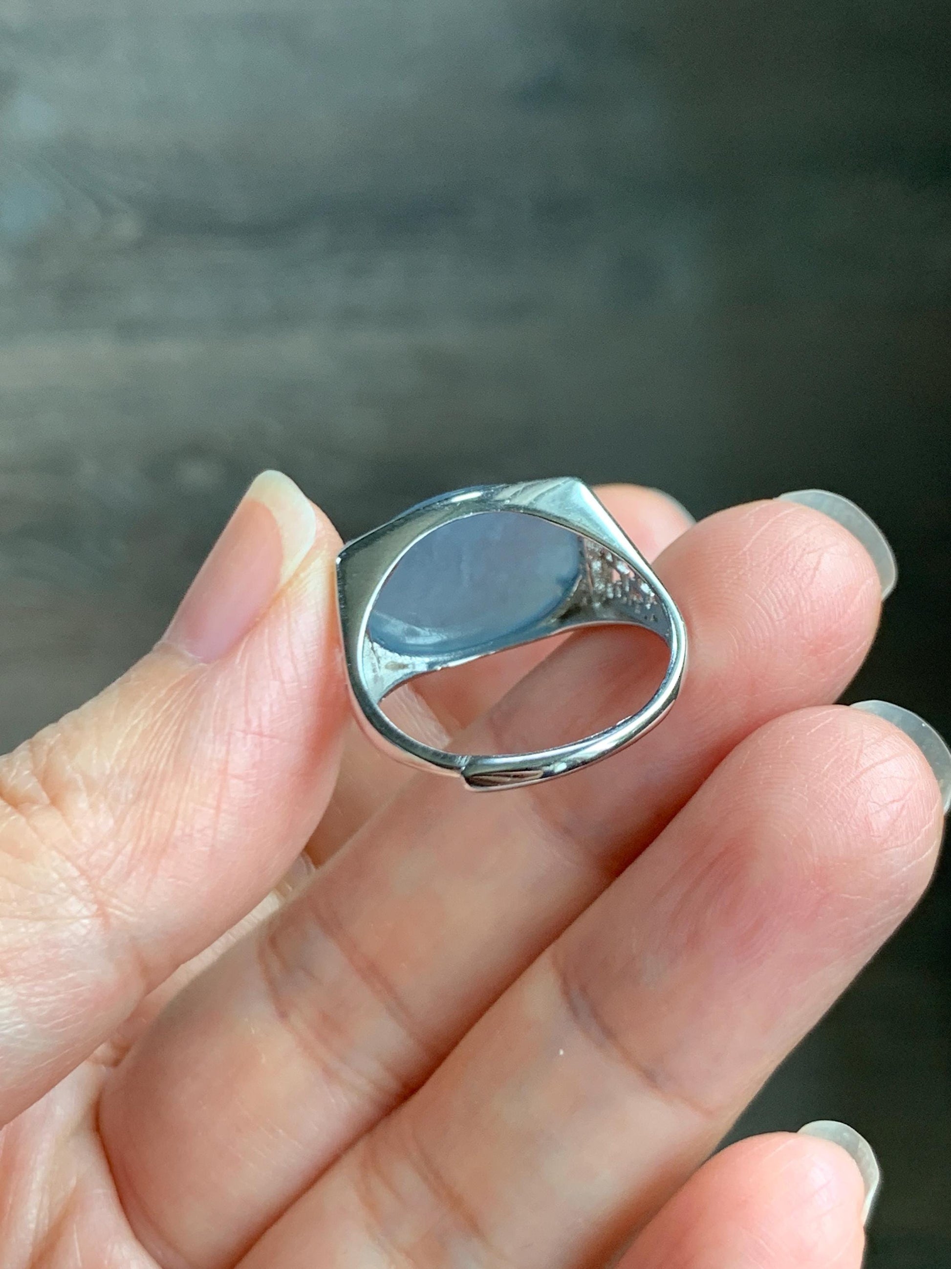 Natural Grade A Guatemalan Icy Highly Translucent Pastel Blue Jade Jadeite Oval Ring Sterling Silver Size Adjustable 天然冰胶危浅蓝翡翠镶嵌戒指 QLW168