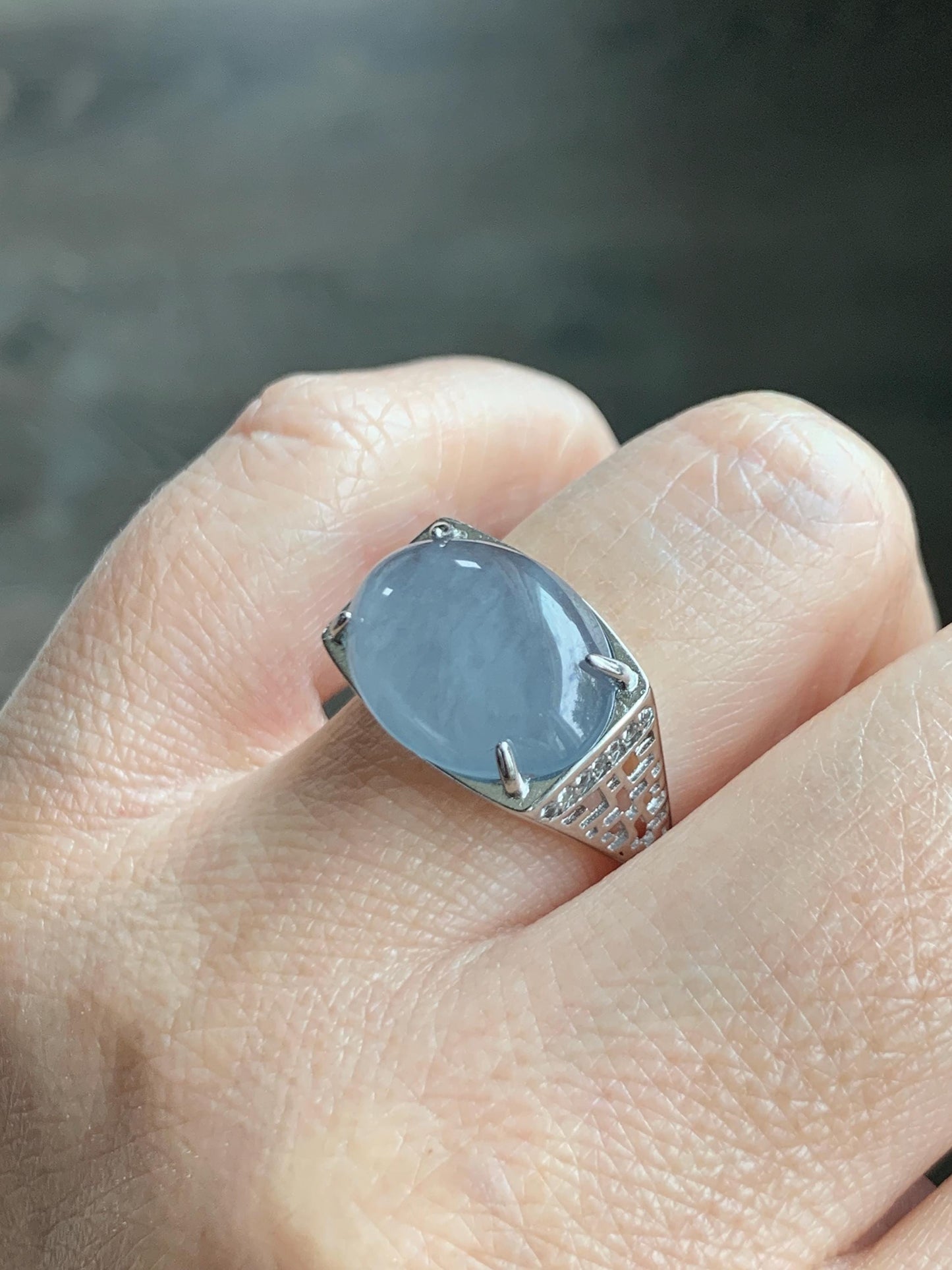 Natural Grade A Guatemalan Icy Highly Translucent Pastel Blue Jade Jadeite Oval Ring Sterling Silver Size Adjustable 天然冰胶危浅蓝翡翠镶嵌戒指 QLW168