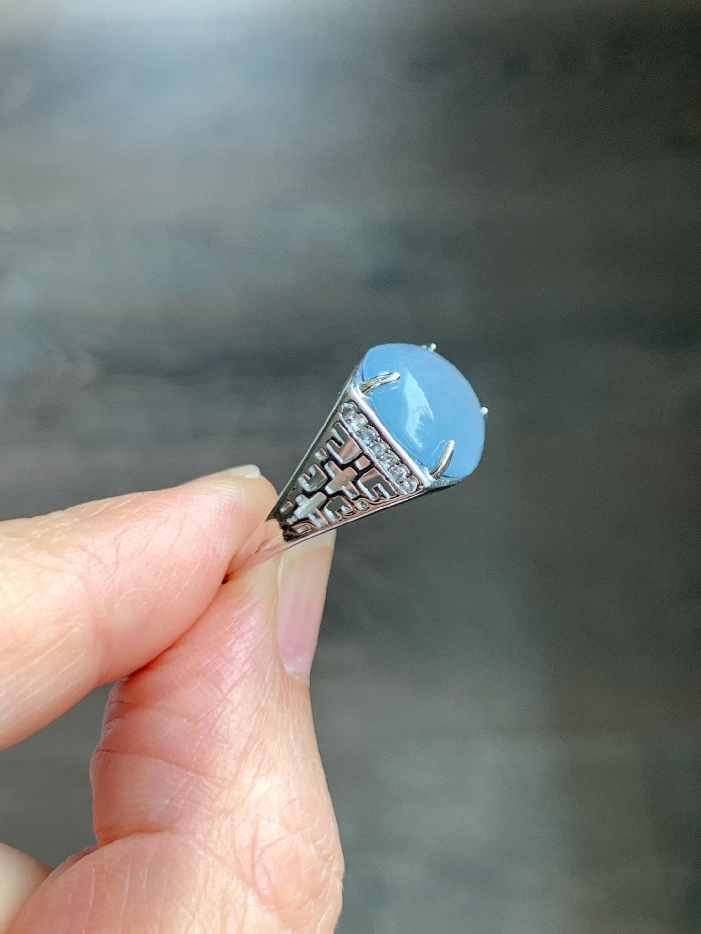 Natural Grade A Guatemalan Icy Highly Translucent Pastel Blue Jade Jadeite Oval Ring Sterling Silver Size Adjustable 天然冰胶危浅蓝翡翠镶嵌戒指 QLW168