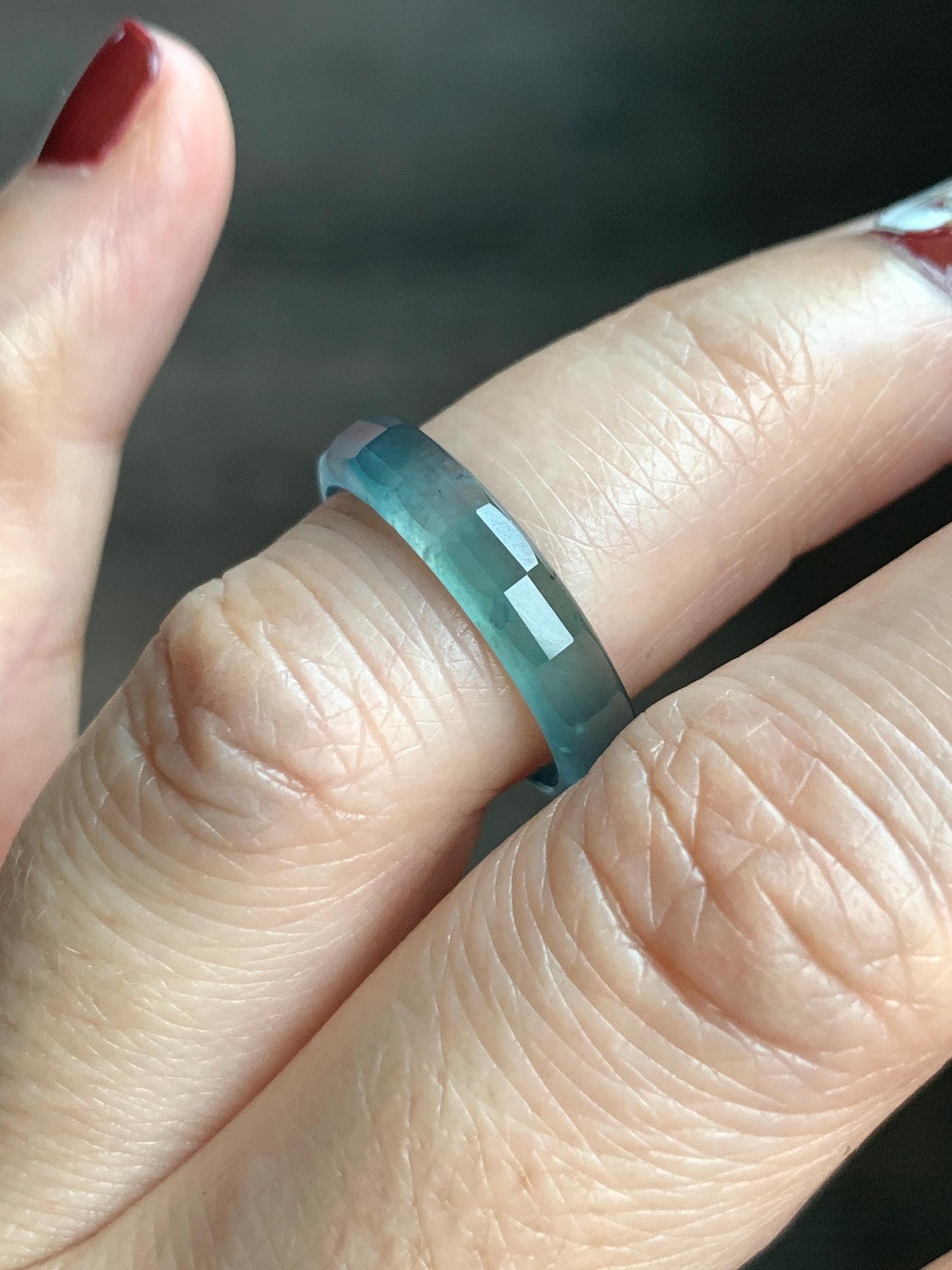 Natural Grade A Guatemalan Icy Highly Translucent Teal Blue Jade Jadeite Faceted Band Ring Size 6.75 US 天然冰危蓝起光翡翠切割面戒圈 QGM220B