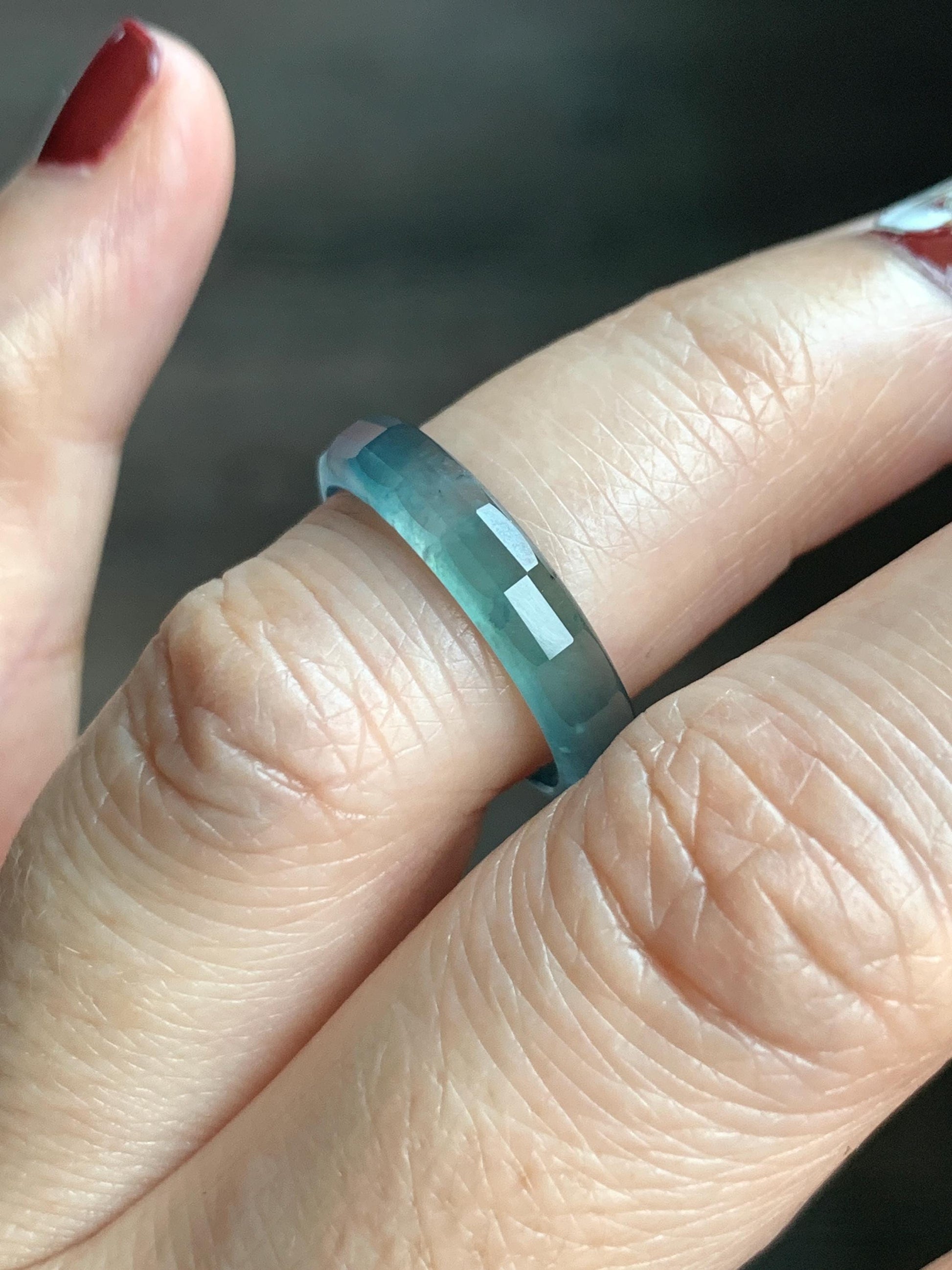 Natural Grade A Guatemalan Icy Highly Translucent Teal Blue Jade Jadeite Faceted Band Ring Size 6.75 US 天然冰危蓝起光翡翠切割面戒圈 QGM220B