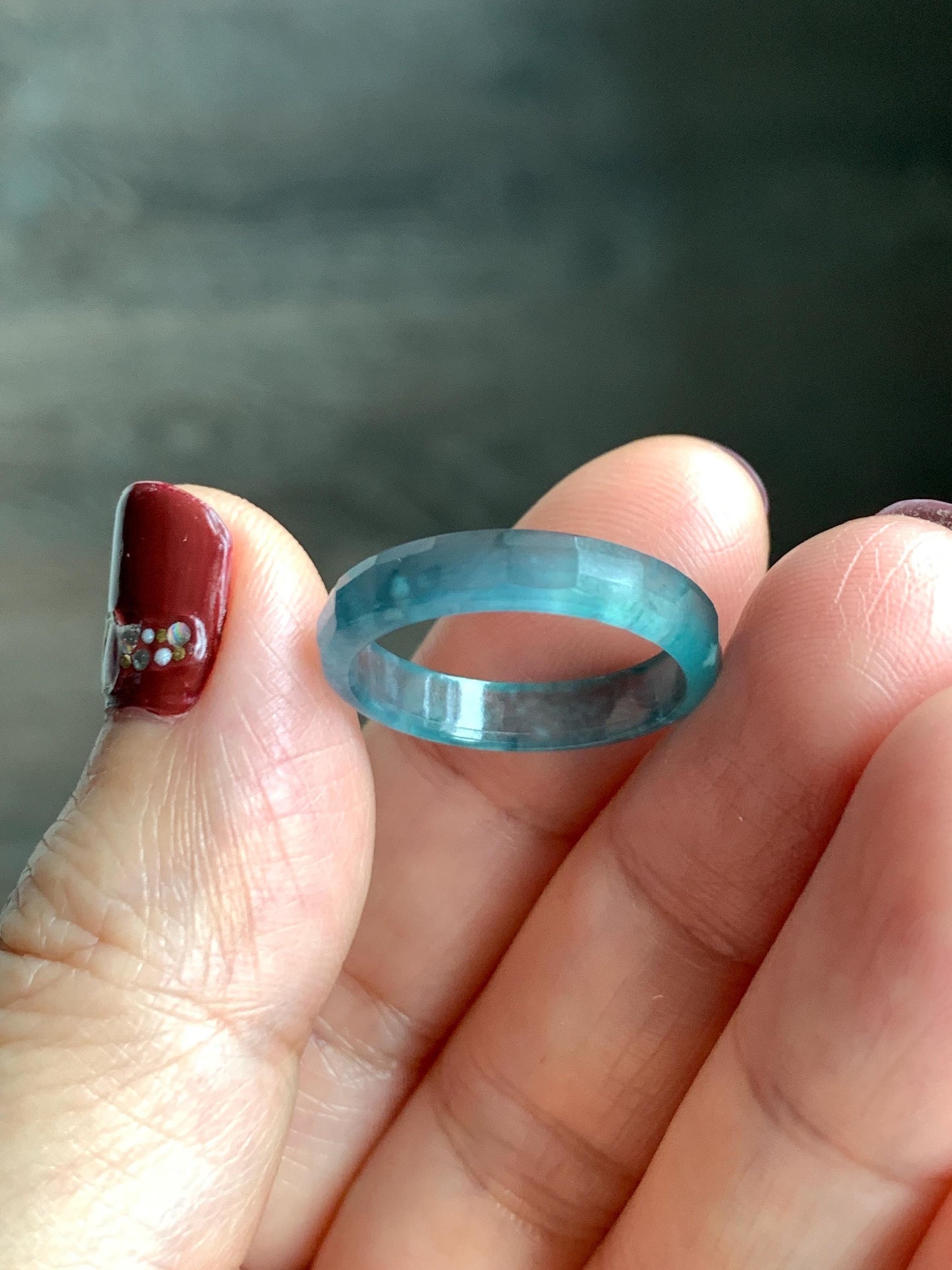 Natural Grade A Guatemalan Icy Highly Translucent Teal Blue Jade Jadeite Faceted Band Ring Size 6.75 US 天然冰危蓝起光翡翠切割面戒圈 QGM220B