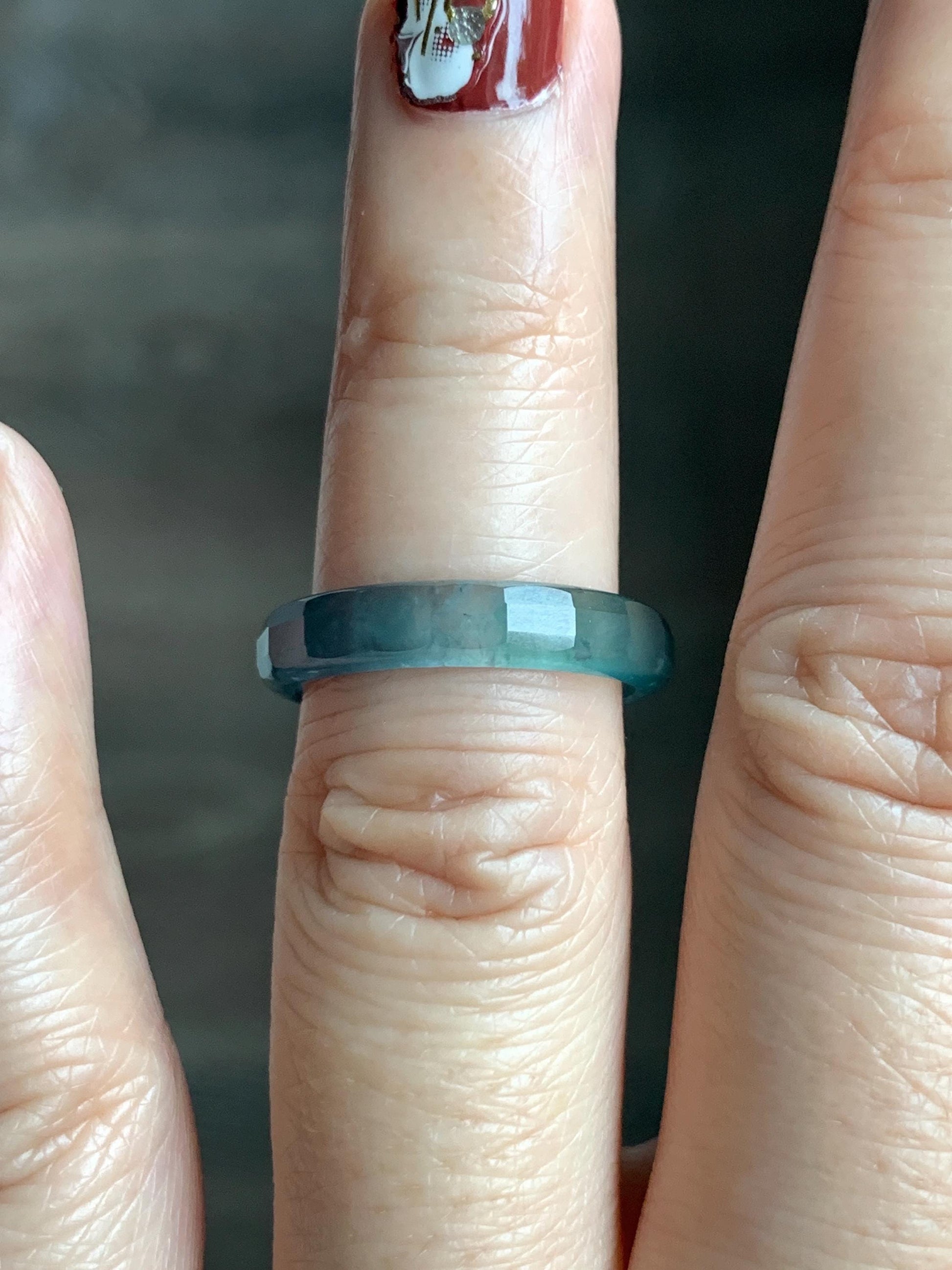 Natural Grade A Guatemalan Icy Highly Translucent Teal Blue Jade Jadeite Faceted Band Ring Size 6.75 US 天然冰危蓝起光翡翠切割面戒圈 QGM220B