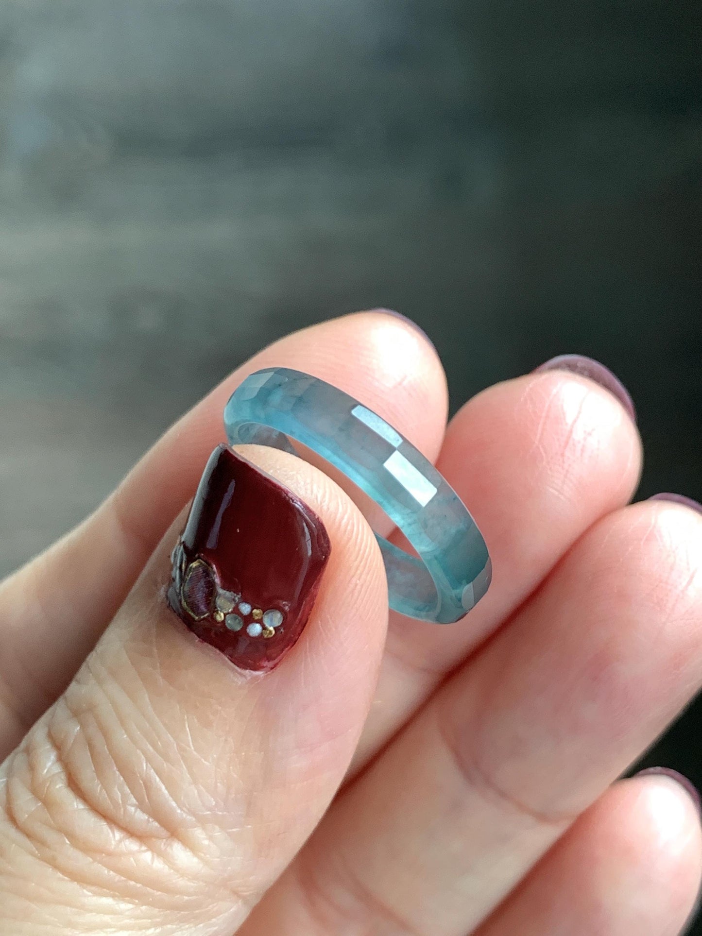 Natural Grade A Guatemalan Icy Highly Translucent Teal Blue Jade Jadeite Faceted Band Ring Size 6.75 US 天然冰危蓝起光翡翠切割面戒圈 QGM220B