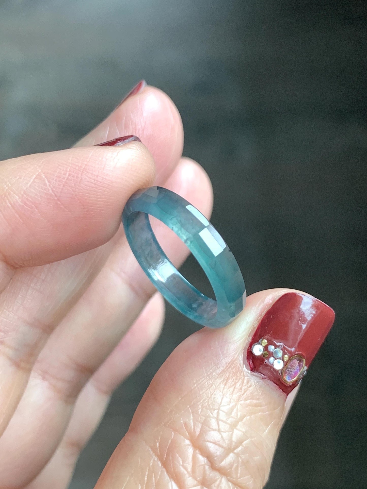Natural Grade A Guatemalan Icy Highly Translucent Teal Blue Jade Jadeite Faceted Band Ring Size 6.75 US 天然冰危蓝起光翡翠切割面戒圈 QGM220B