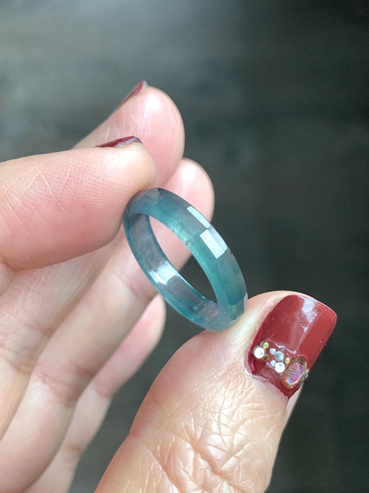 Natural Grade A Guatemalan Icy Highly Translucent Teal Blue Jade Jadeite Faceted Band Ring Size 6.75 US 天然冰危蓝起光翡翠切割面戒圈 QGM220B