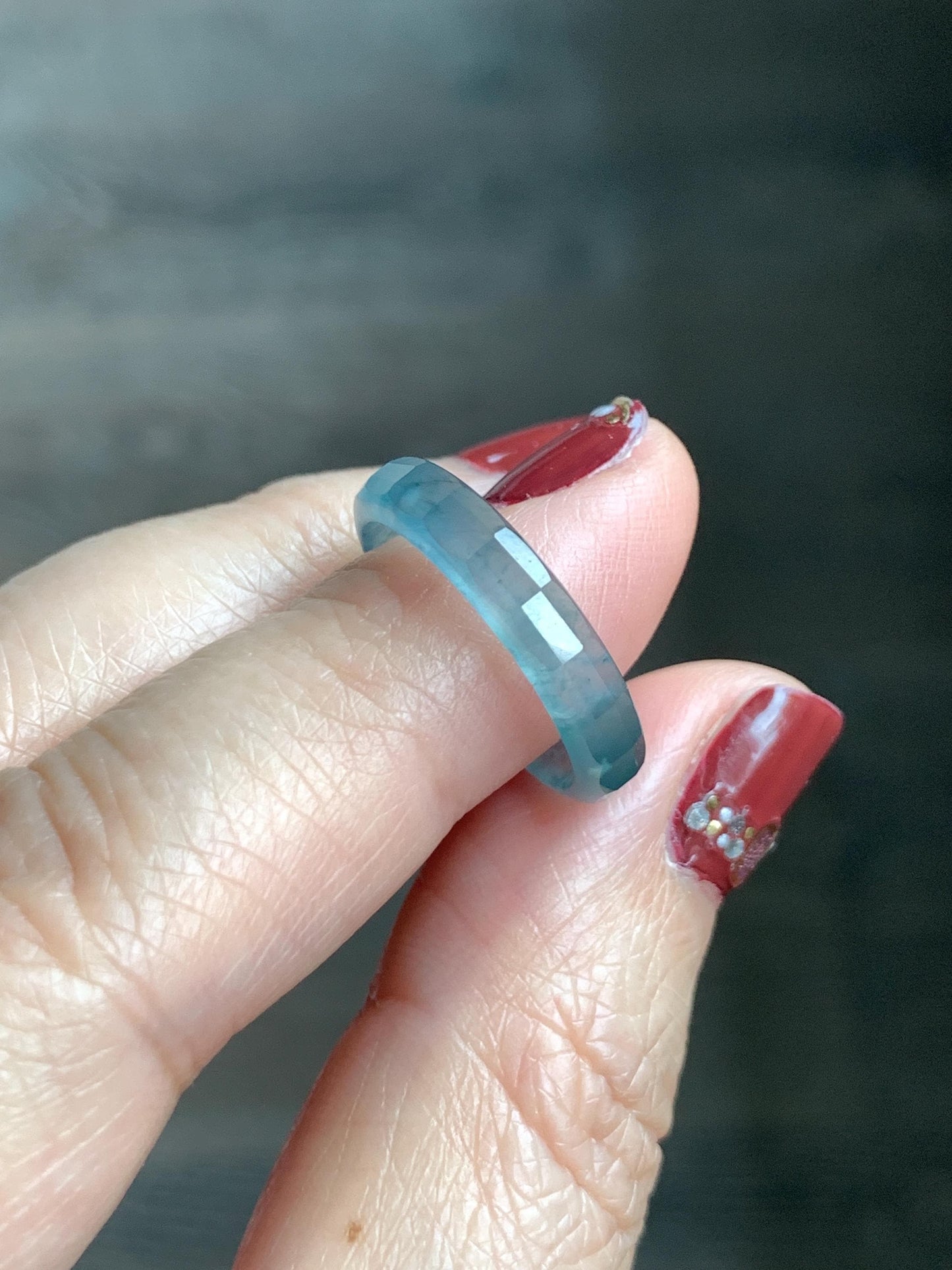 Natural Grade A Guatemalan Icy Highly Translucent Teal Blue Jade Jadeite Faceted Band Ring Size 6.75 US 天然冰危蓝起光翡翠切割面戒圈 QGM220B