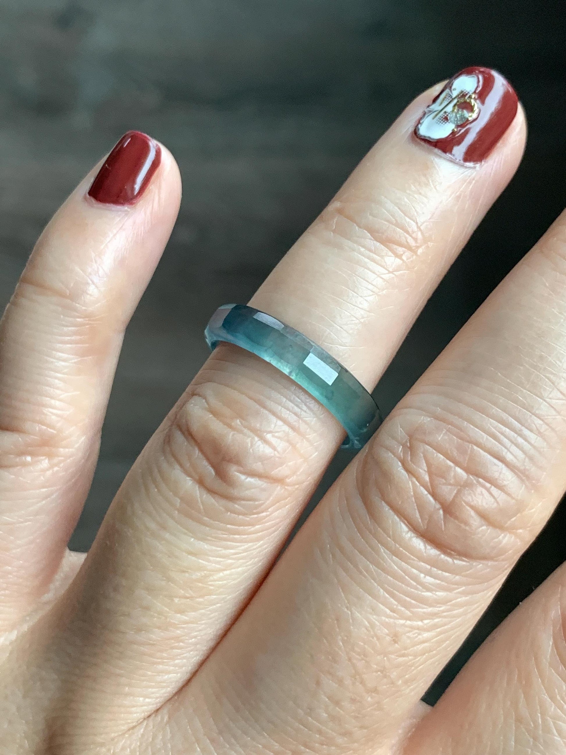 Natural Grade A Guatemalan Icy Highly Translucent Teal Blue Jade Jadeite Faceted Band Ring Size 6.75 US 天然冰危蓝起光翡翠切割面戒圈 QGM220B