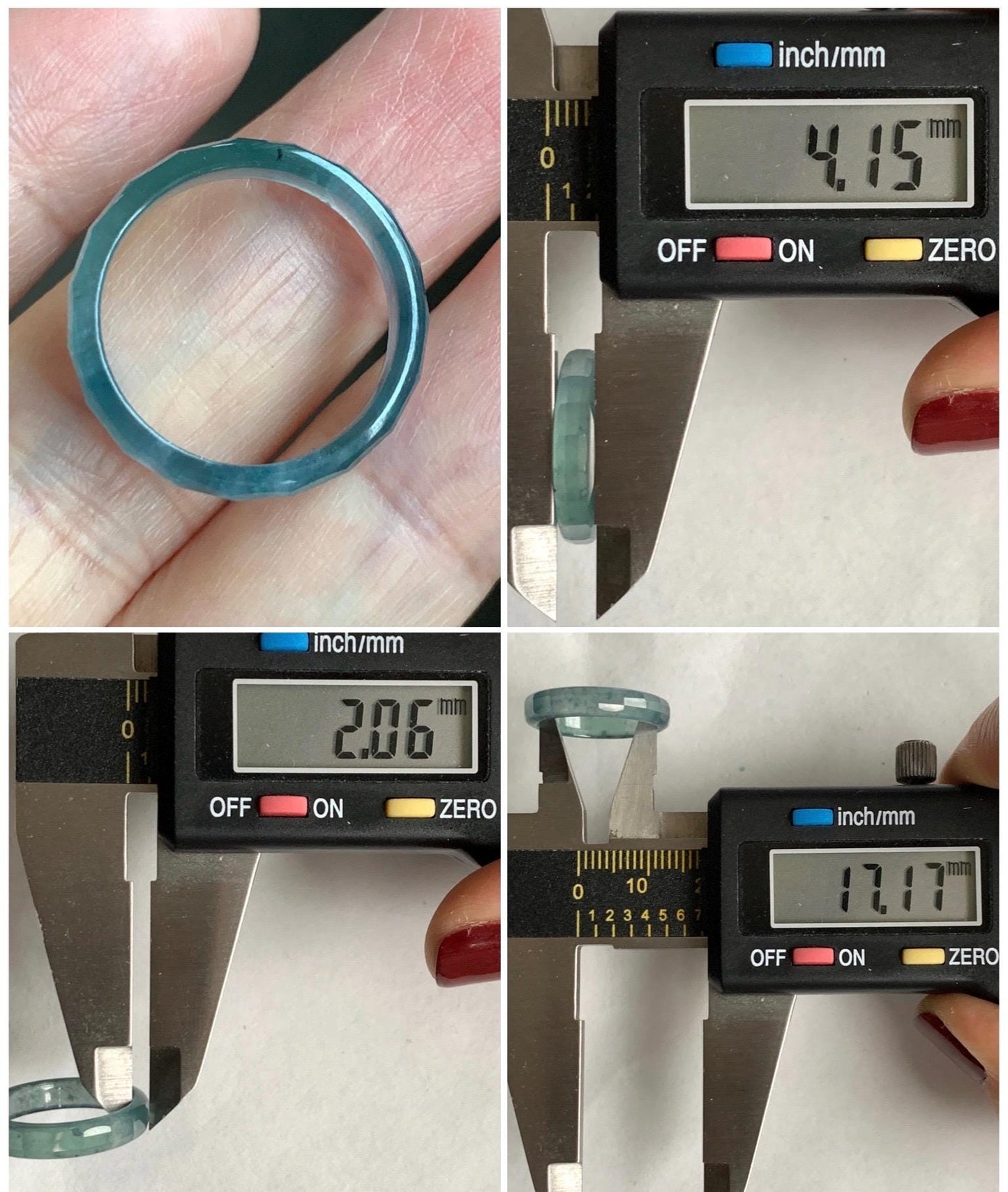 Natural Grade A Guatemalan Icy Highly Translucent Teal Blue Jade Jadeite Faceted Band Ring Size 6.75 US 天然冰危蓝起光翡翠切割面戒圈 QGM220B