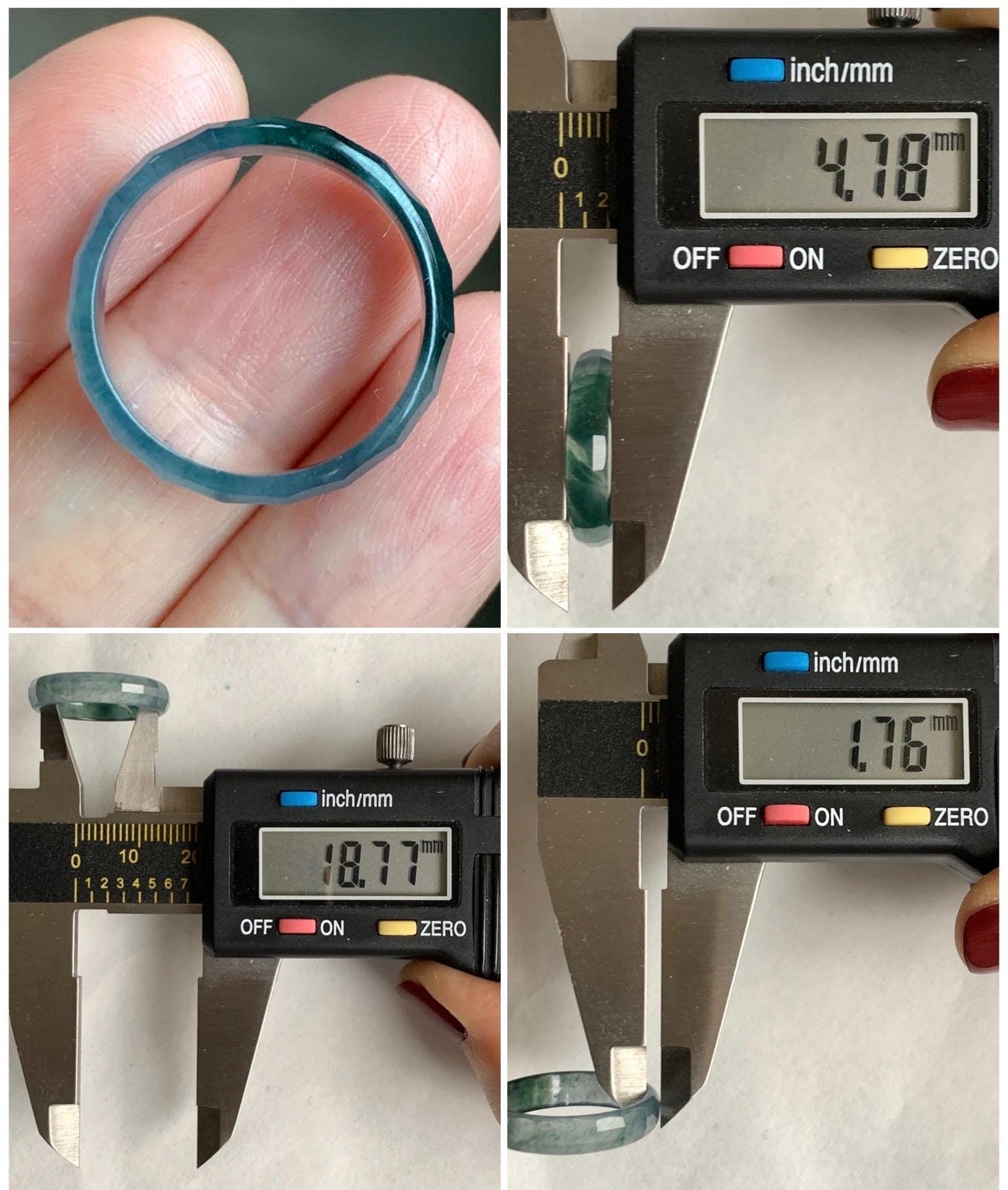 Natural Grade A Guatemalan Icy Highly Translucent Teal Blue Green Marbled Jade Jadeite Faceted Band Ring Size 8.75 US 天然冰危蓝起光翡翠切割面戒圈 QGM220C