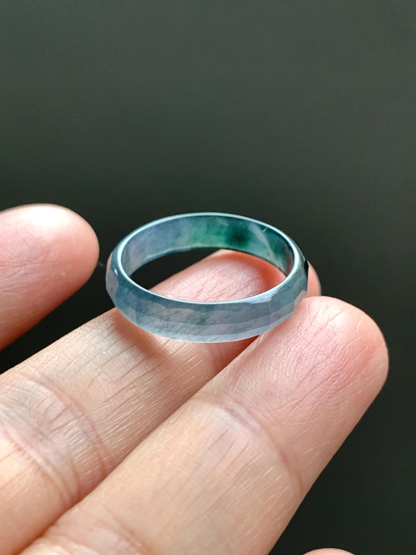 Natural Grade A Guatemalan Icy Highly Translucent Teal Blue Green Marbled Jade Jadeite Faceted Band Ring Size 8.75 US 天然冰危蓝起光翡翠切割面戒圈 QGM220C