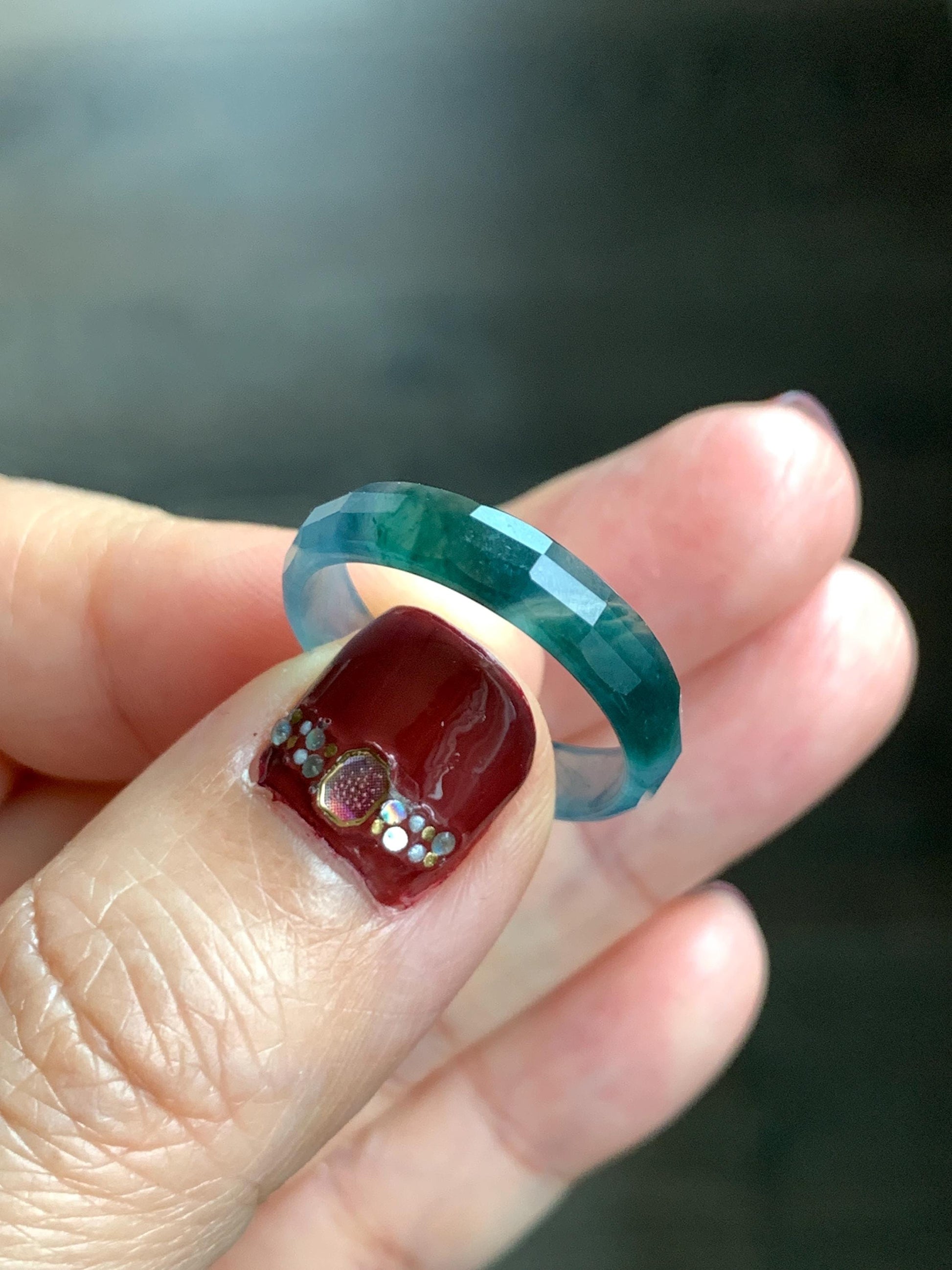Natural Grade A Guatemalan Icy Highly Translucent Teal Blue Green Marbled Jade Jadeite Faceted Band Ring Size 8.75 US 天然冰危蓝起光翡翠切割面戒圈 QGM220C