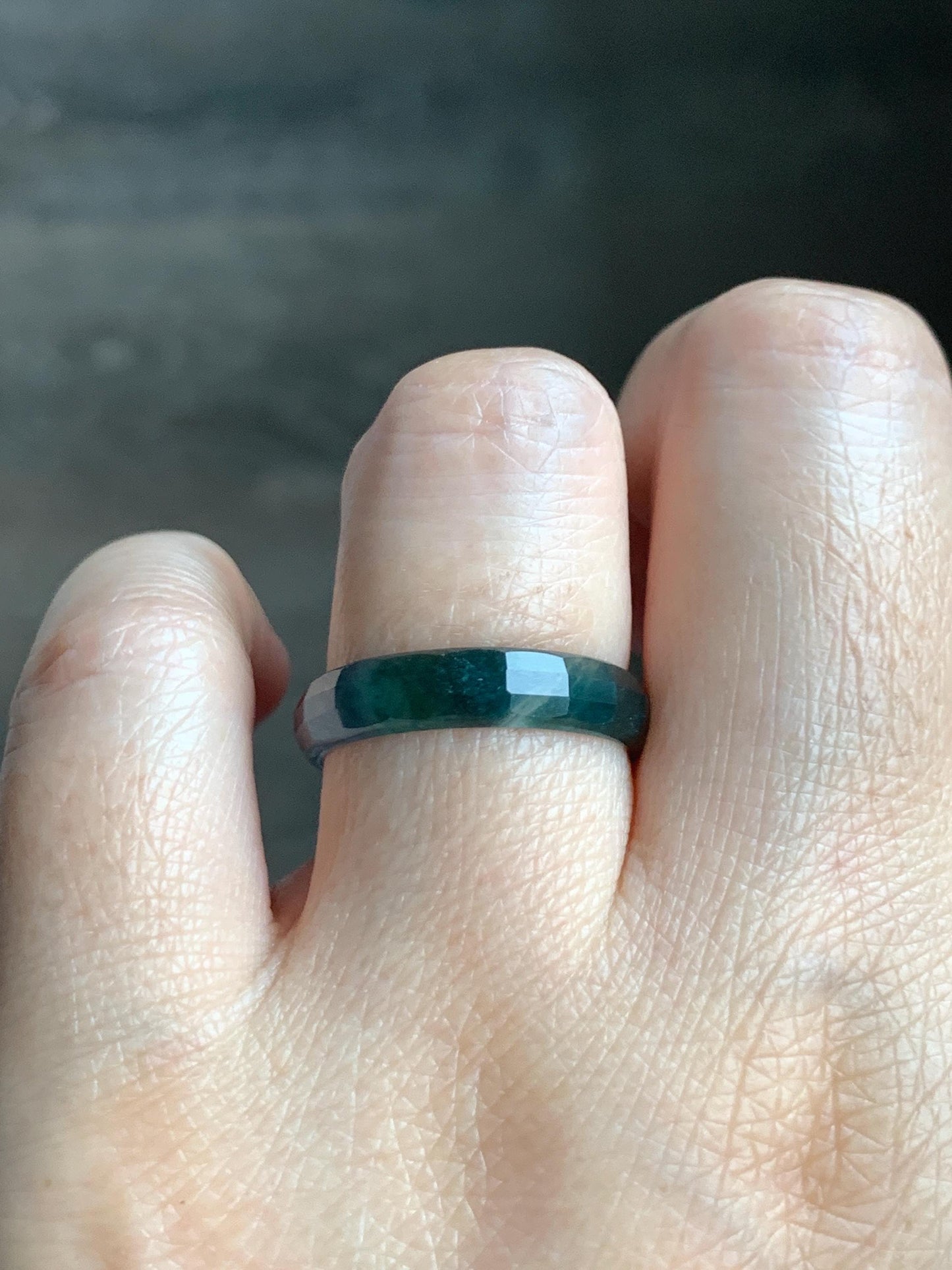 Natural Grade A Guatemalan Icy Highly Translucent Teal Blue Green Marbled Jade Jadeite Faceted Band Ring Size 8.75 US 天然冰危蓝起光翡翠切割面戒圈 QGM220C