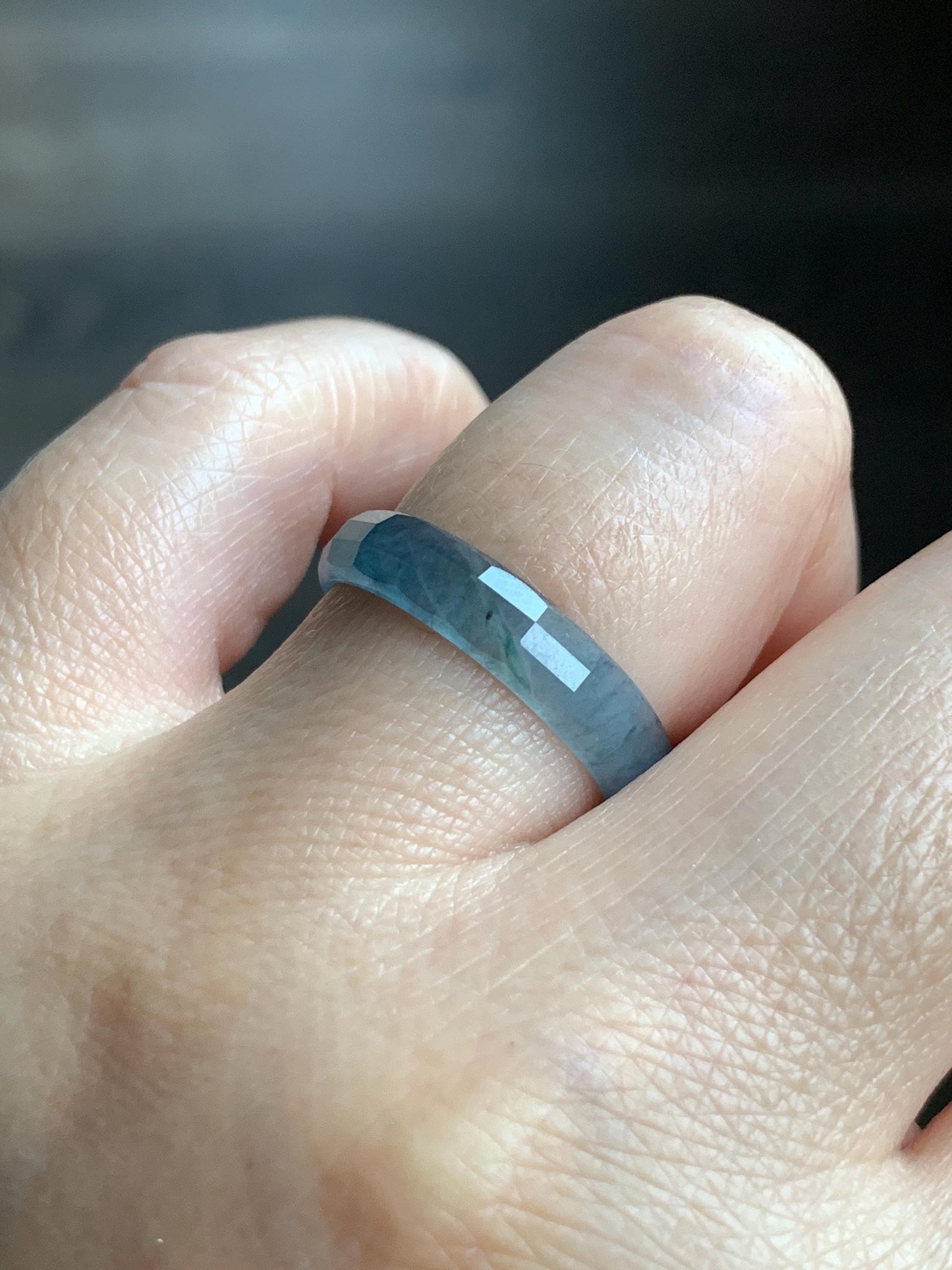 Natural Grade A Guatemalan Icy Highly Translucent Teal Blue Green Marbled Jade Jadeite Faceted Band Ring Size 8.75 US 天然冰危蓝起光翡翠切割面戒圈 QGM220C