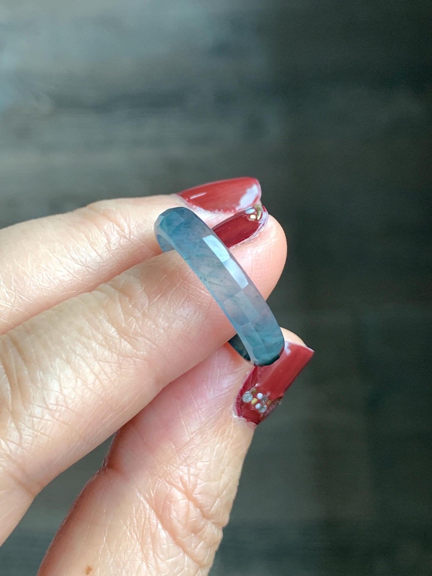 Natural Grade A Guatemalan Icy Highly Translucent Teal Blue Green Marbled Jade Jadeite Faceted Band Ring Size 8.75 US 天然冰危蓝起光翡翠切割面戒圈 QGM220C