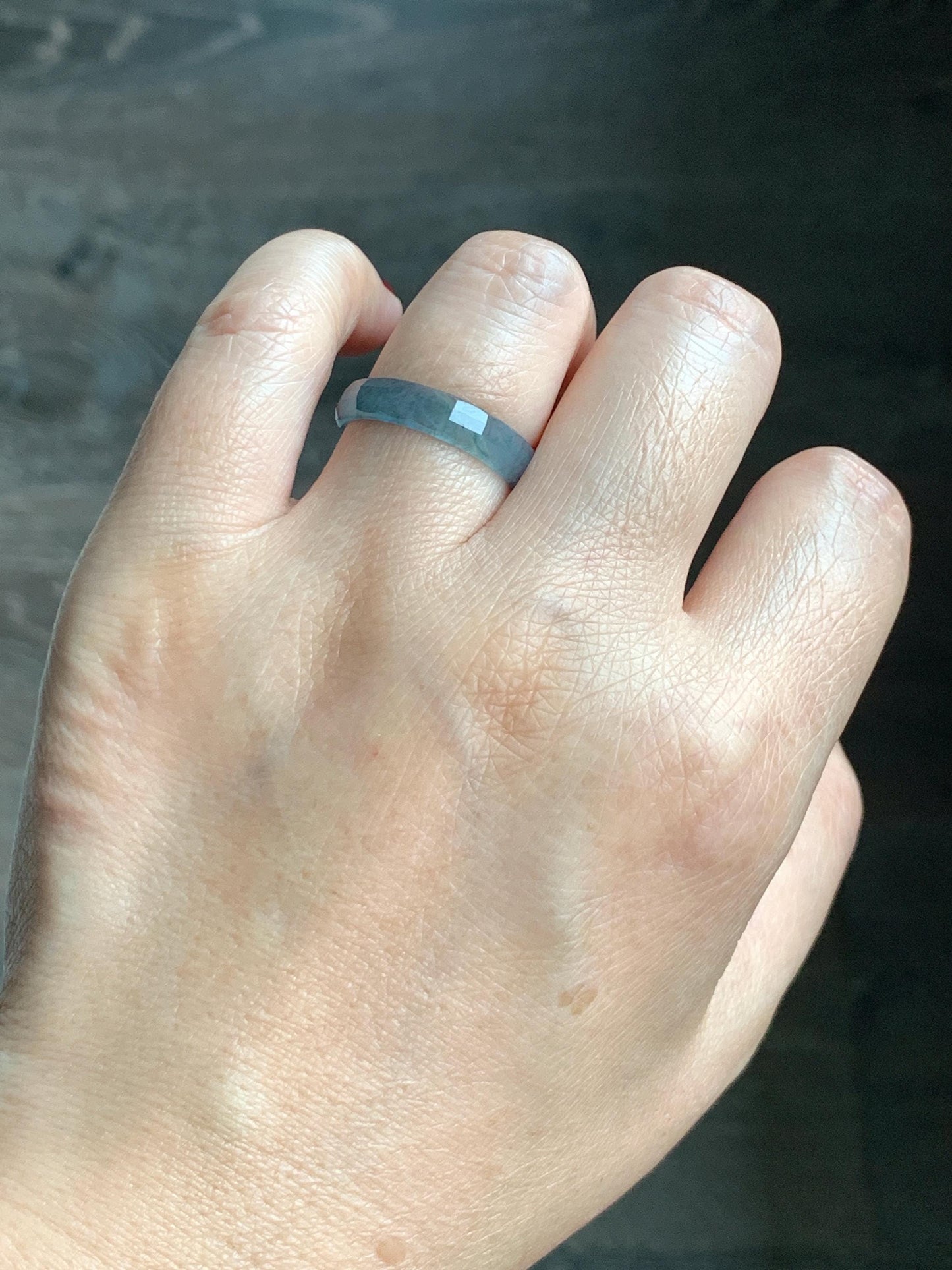 Natural Grade A Guatemalan Icy Highly Translucent Teal Blue Green Marbled Jade Jadeite Faceted Band Ring Size 8.75 US 天然冰危蓝起光翡翠切割面戒圈 QGM220C