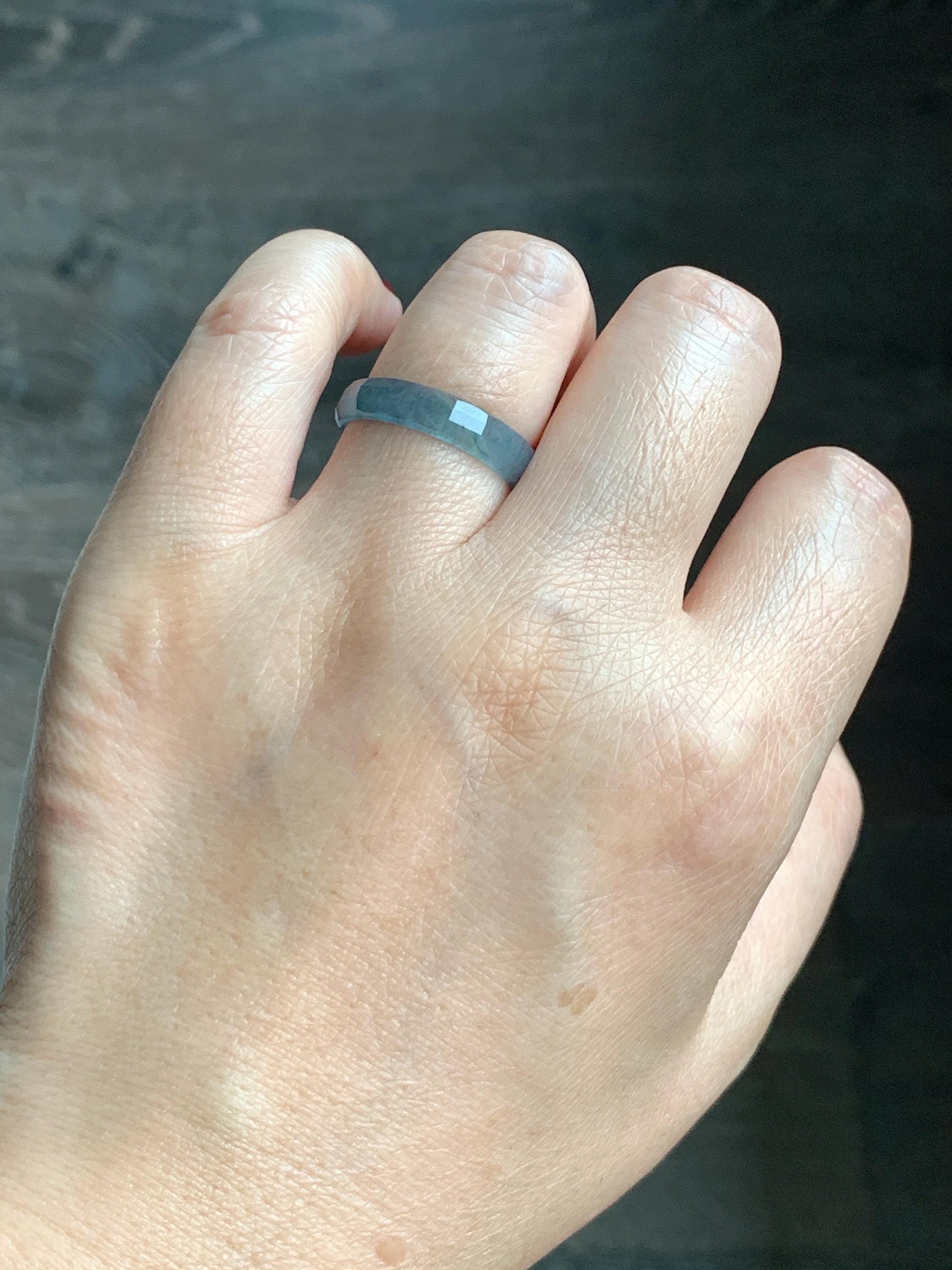 Natural Grade A Guatemalan Icy Highly Translucent Teal Blue Green Marbled Jade Jadeite Faceted Band Ring Size 8.75 US 天然冰危蓝起光翡翠切割面戒圈 QGM220C