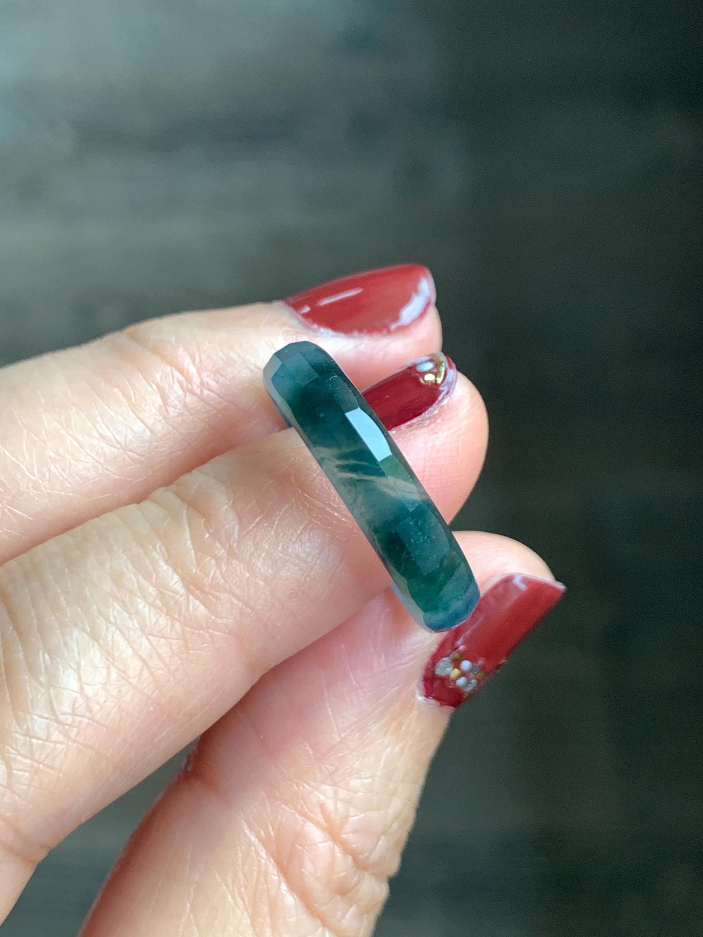Natural Grade A Guatemalan Icy Highly Translucent Teal Blue Green Marbled Jade Jadeite Faceted Band Ring Size 8.75 US 天然冰危蓝起光翡翠切割面戒圈 QGM220C
