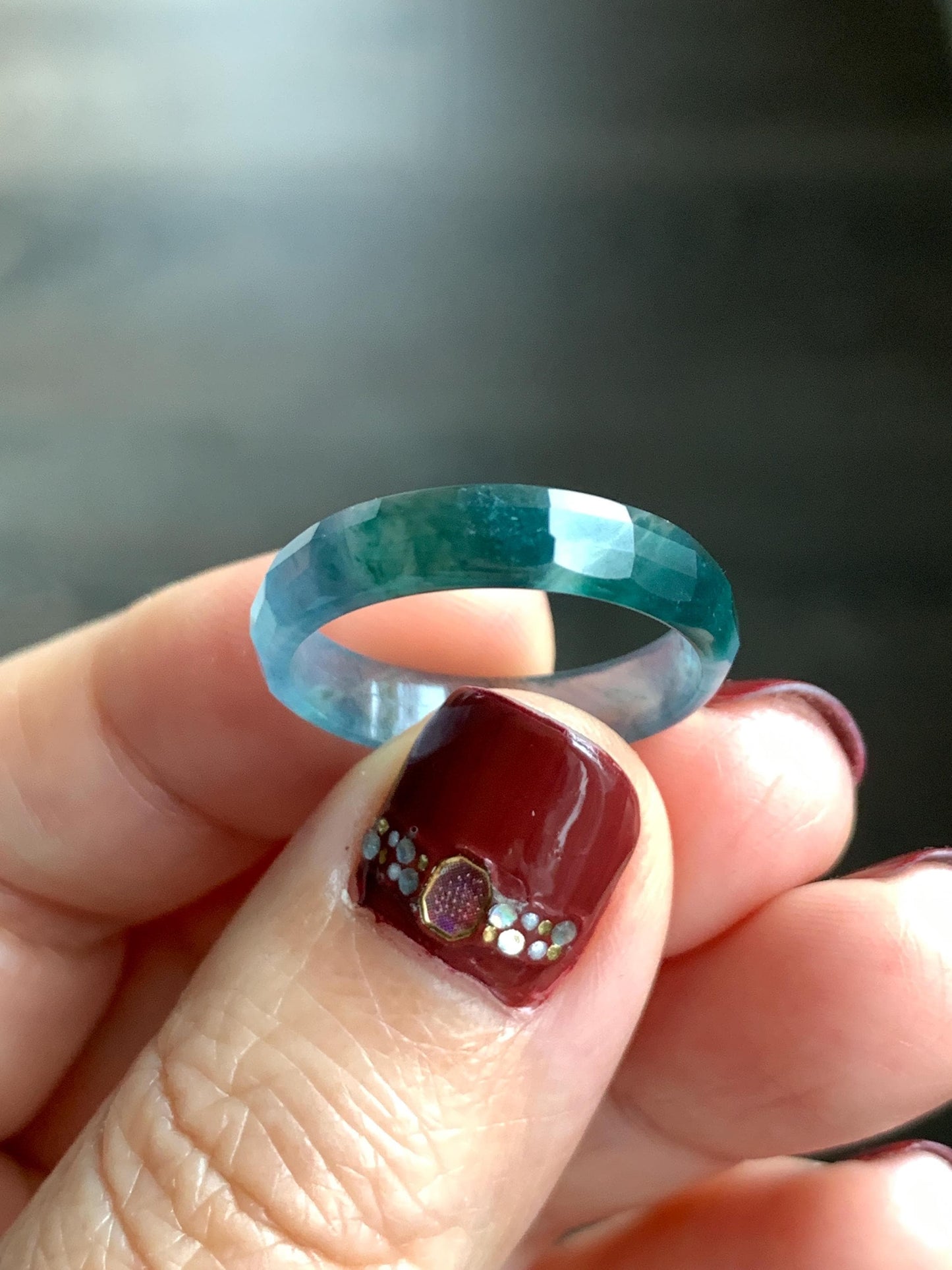 Natural Grade A Guatemalan Icy Highly Translucent Teal Blue Green Marbled Jade Jadeite Faceted Band Ring Size 8.75 US 天然冰危蓝起光翡翠切割面戒圈 QGM220C