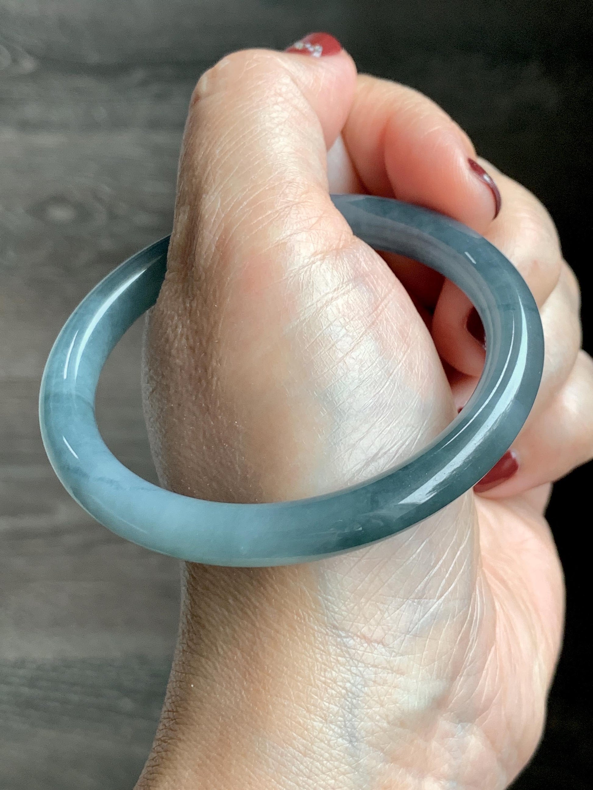 Certified Natural Grade A Guatemalan Icy Translucent Dusty Blue Marbled Jade Jadeite Bangle Bracelet 54.52mm 6.73” 30.44 天然冰危蓝飘花翡翠圆条手镯 290