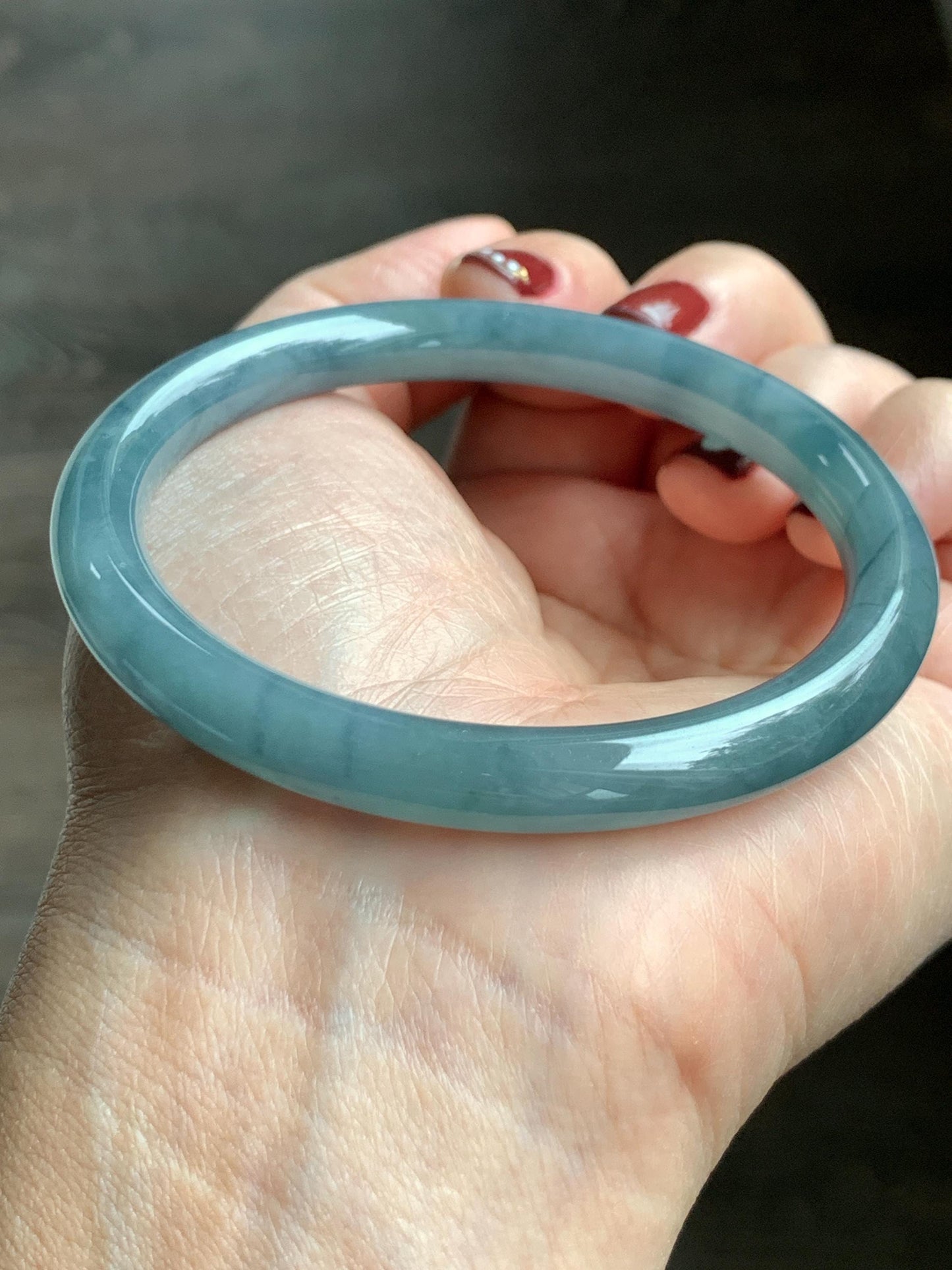 Certified Natural Grade A Guatemalan Icy Translucent Dusty Blue Marbled Jade Jadeite Bangle Bracelet 58.61mm 7.25” 32.2g 天然冰危蓝飘花翡翠圆条手镯 288