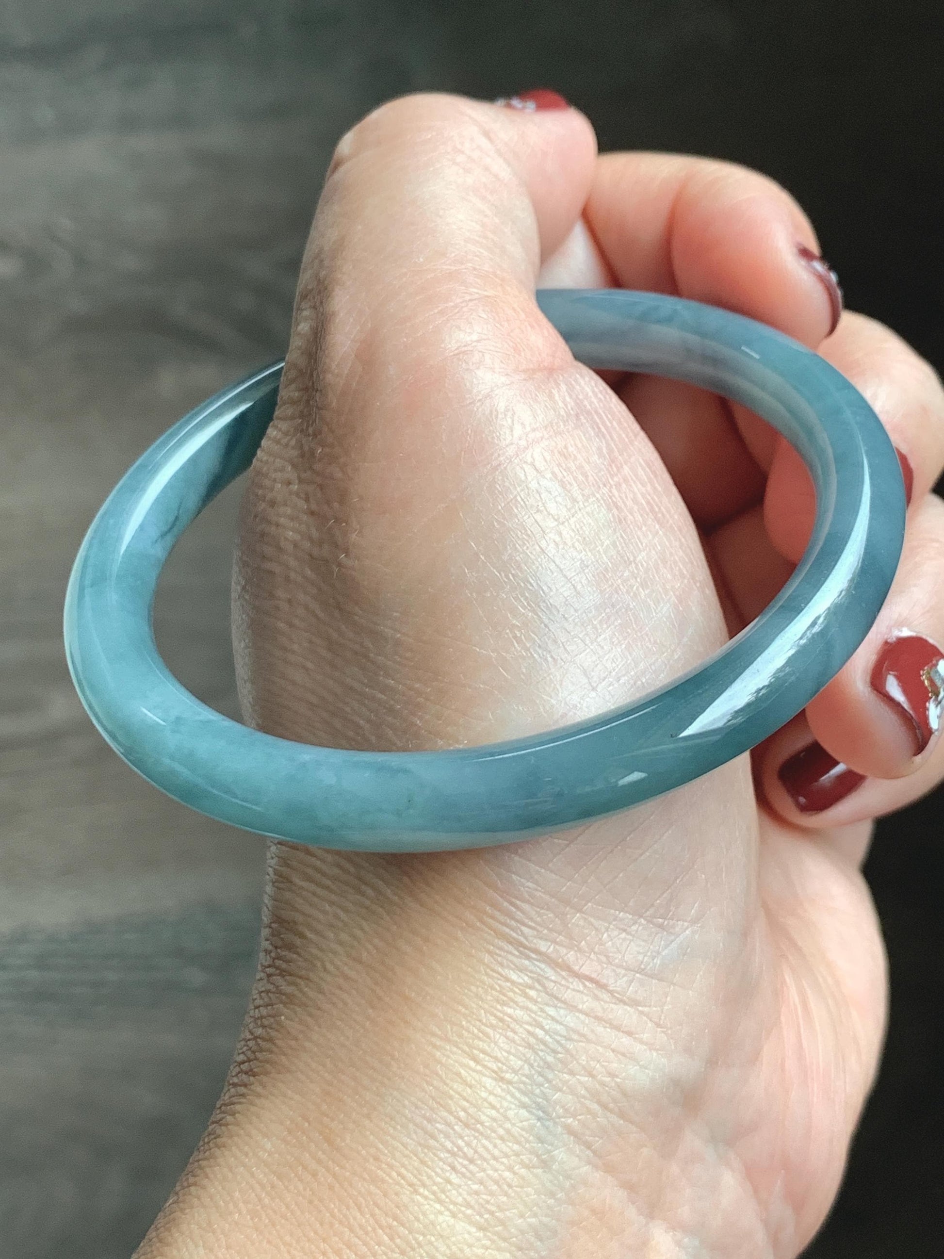 Certified Natural Grade A Guatemalan Icy Translucent Dusty Blue Marbled Jade Jadeite Bangle Bracelet 58.61mm 7.25” 32.2g 天然冰危蓝飘花翡翠圆条手镯 288