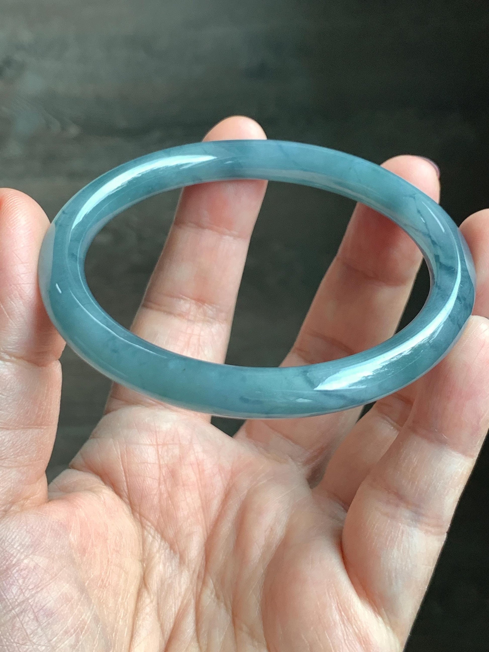 Certified Natural Grade A Guatemalan Icy Translucent Dusty Blue Marbled Jade Jadeite Bangle Bracelet 58.61mm 7.25” 32.2g 天然冰危蓝飘花翡翠圆条手镯 288
