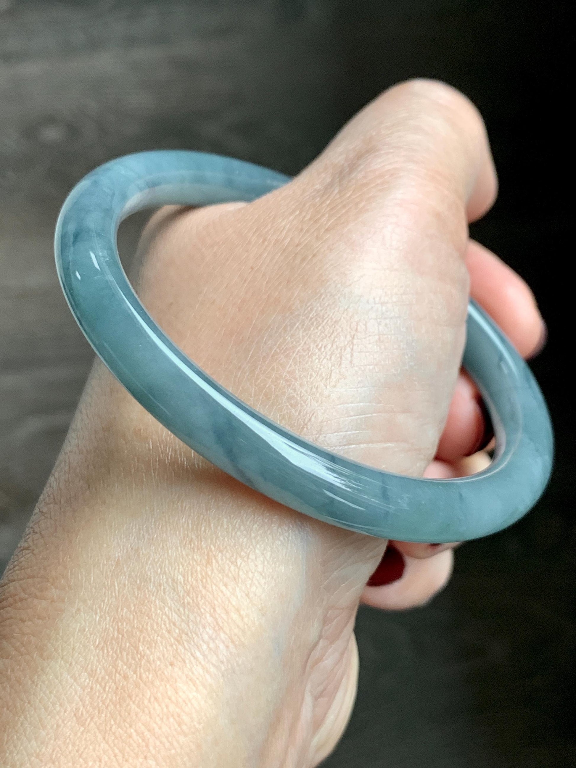 Certified Natural Grade A Guatemalan Icy Translucent Dusty Blue Marbled Jade Jadeite Bangle Bracelet 58.61mm 7.25” 32.2g 天然冰危蓝飘花翡翠圆条手镯 288