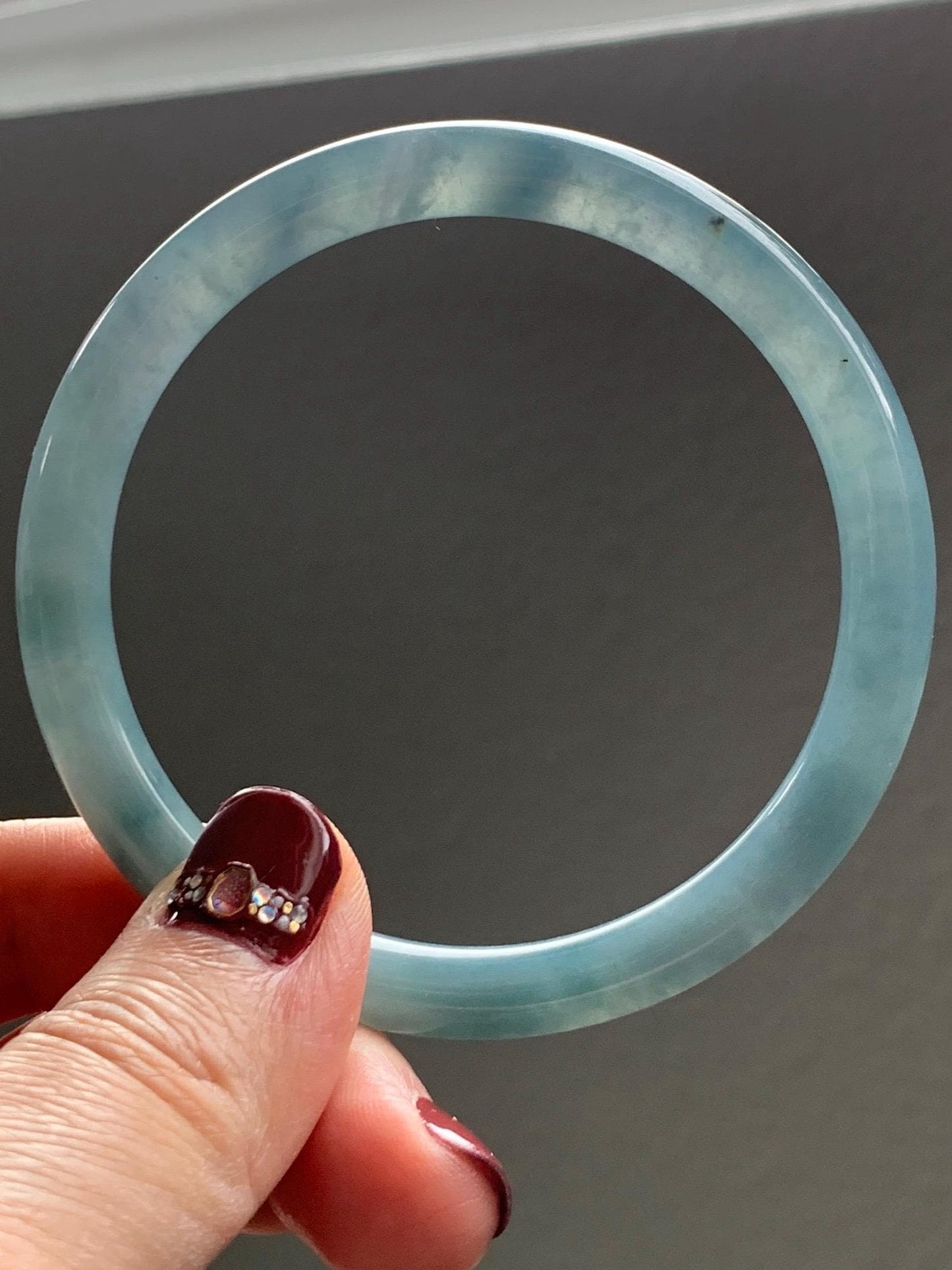 Certified Natural Grade A Guatemalan Icy Translucent Dusty Blue Marbled Jade Jadeite Bangle Bracelet 58.53mm 7.23” 30.3g 天然冰危蓝飘花翡翠圆条手镯 726