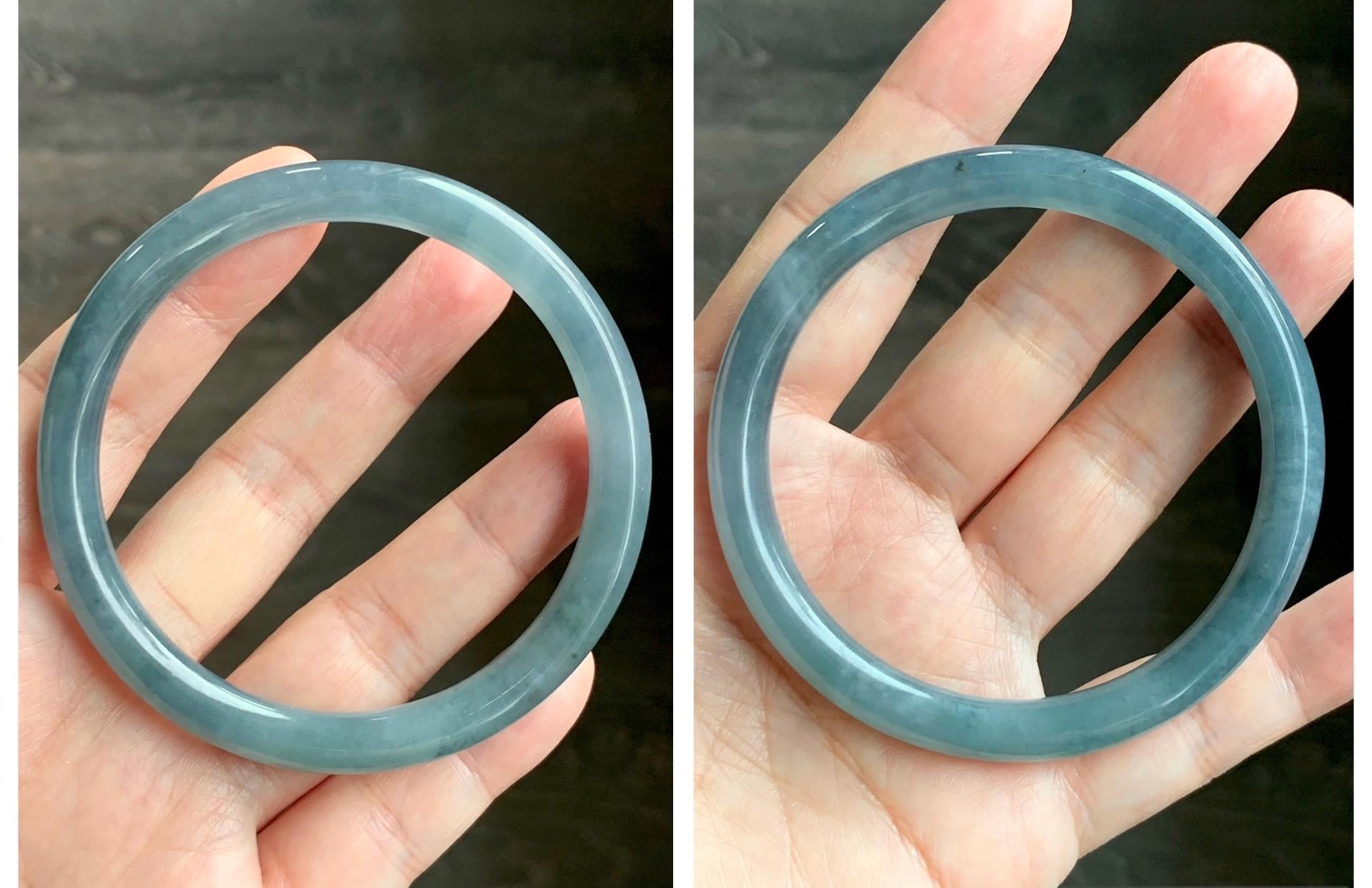 Certified Natural Grade A Guatemalan Icy Translucent Dusty Blue Marbled Jade Jadeite Bangle Bracelet 58.53mm 7.23” 30.3g 天然冰危蓝飘花翡翠圆条手镯 726