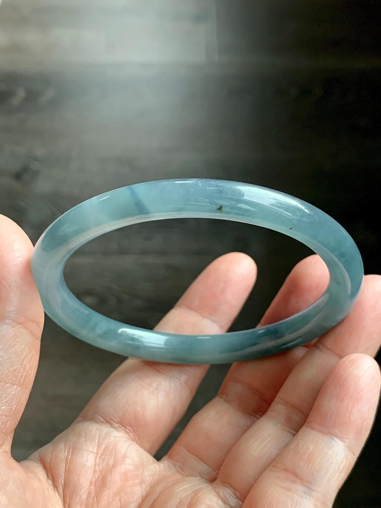 Certified Natural Grade A Guatemalan Icy Translucent Dusty Blue Marbled Jade Jadeite Bangle Bracelet 58.53mm 7.23” 30.3g 天然冰危蓝飘花翡翠圆条手镯 726