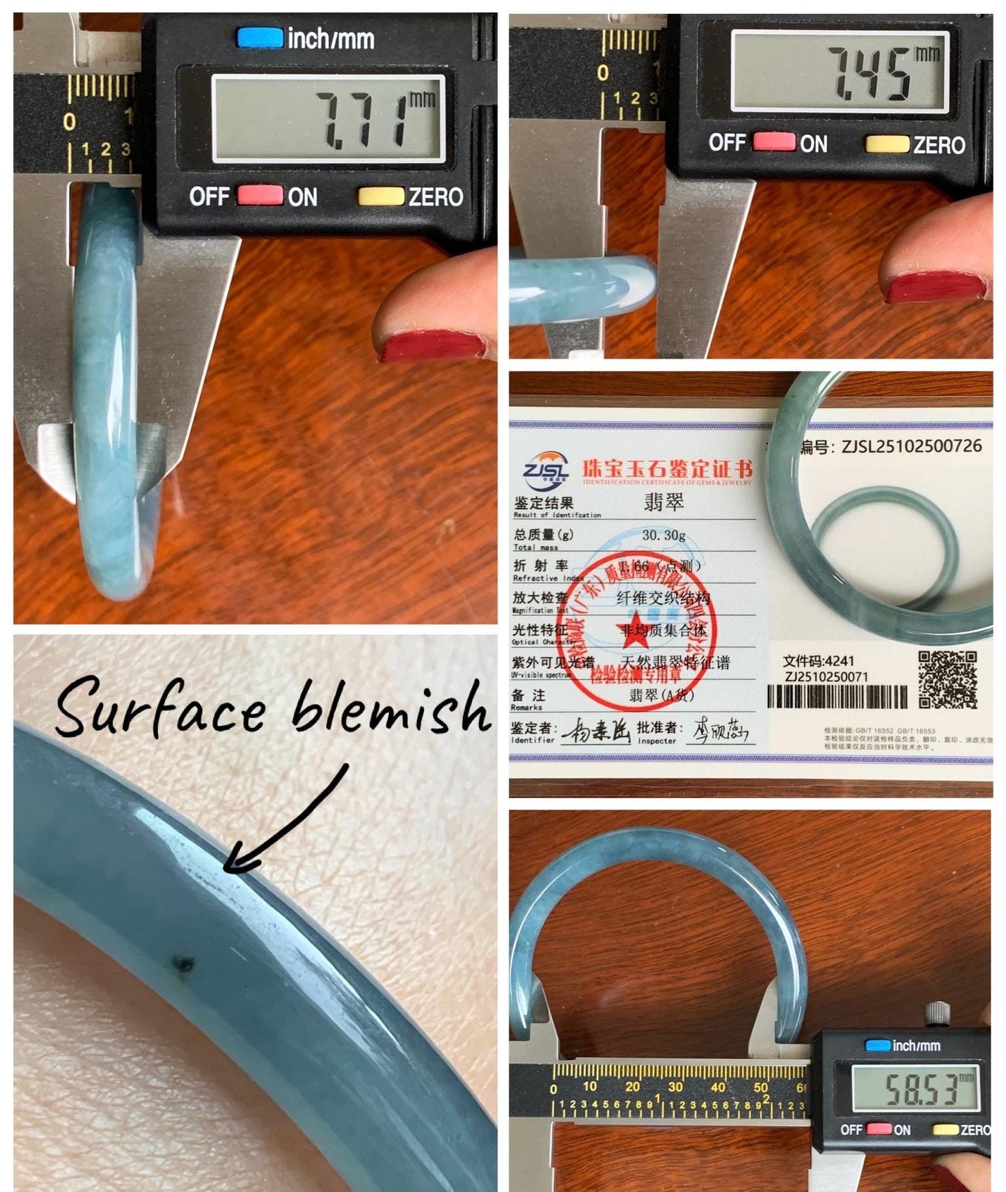 Certified Natural Grade A Guatemalan Icy Translucent Dusty Blue Marbled Jade Jadeite Bangle Bracelet 58.53mm 7.23” 30.3g 天然冰危蓝飘花翡翠圆条手镯 726