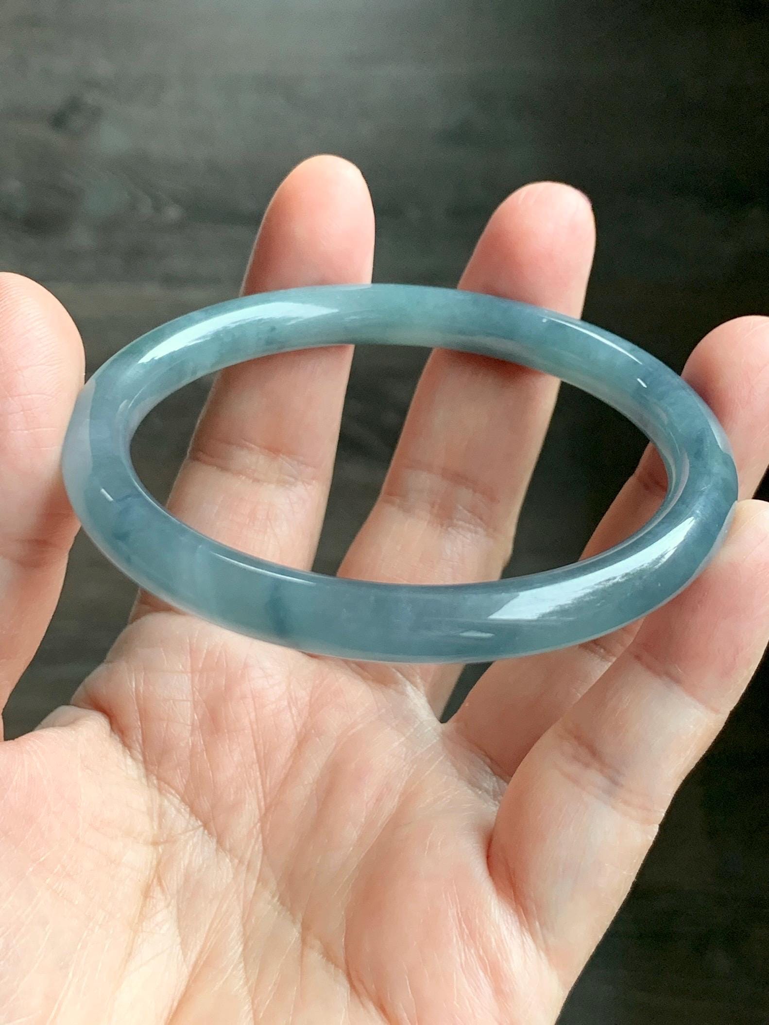 Certified Natural Grade A Guatemalan Icy Translucent Dusty Blue Marbled Jade Jadeite Bangle Bracelet 58.53mm 7.23” 30.3g 天然冰危蓝飘花翡翠圆条手镯 726
