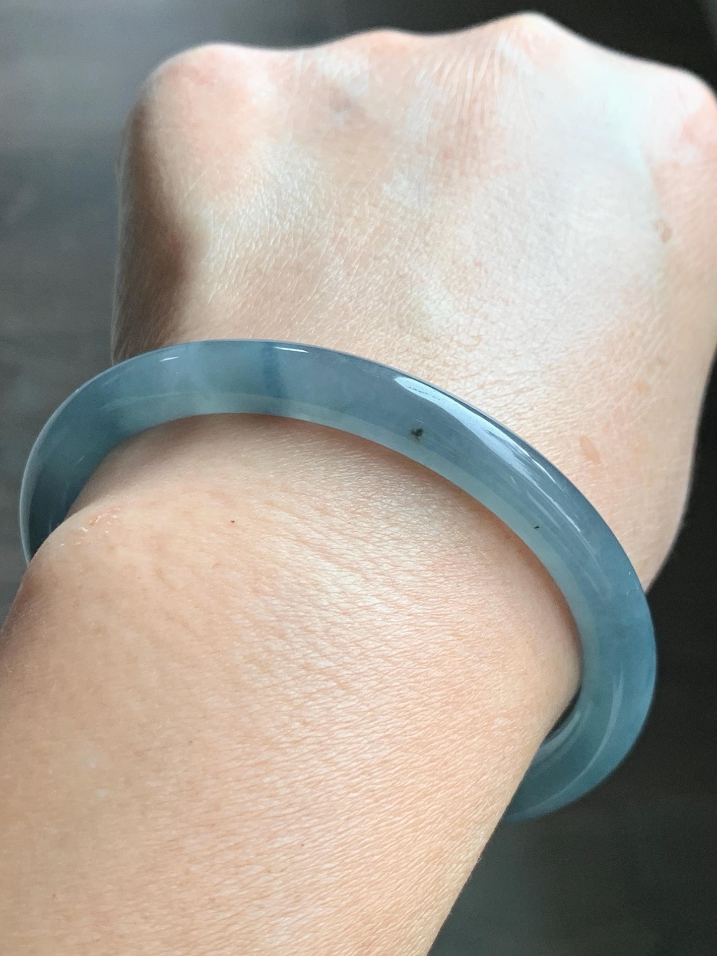 Certified Natural Grade A Guatemalan Icy Translucent Dusty Blue Marbled Jade Jadeite Bangle Bracelet 58.53mm 7.23” 30.3g 天然冰危蓝飘花翡翠圆条手镯 726