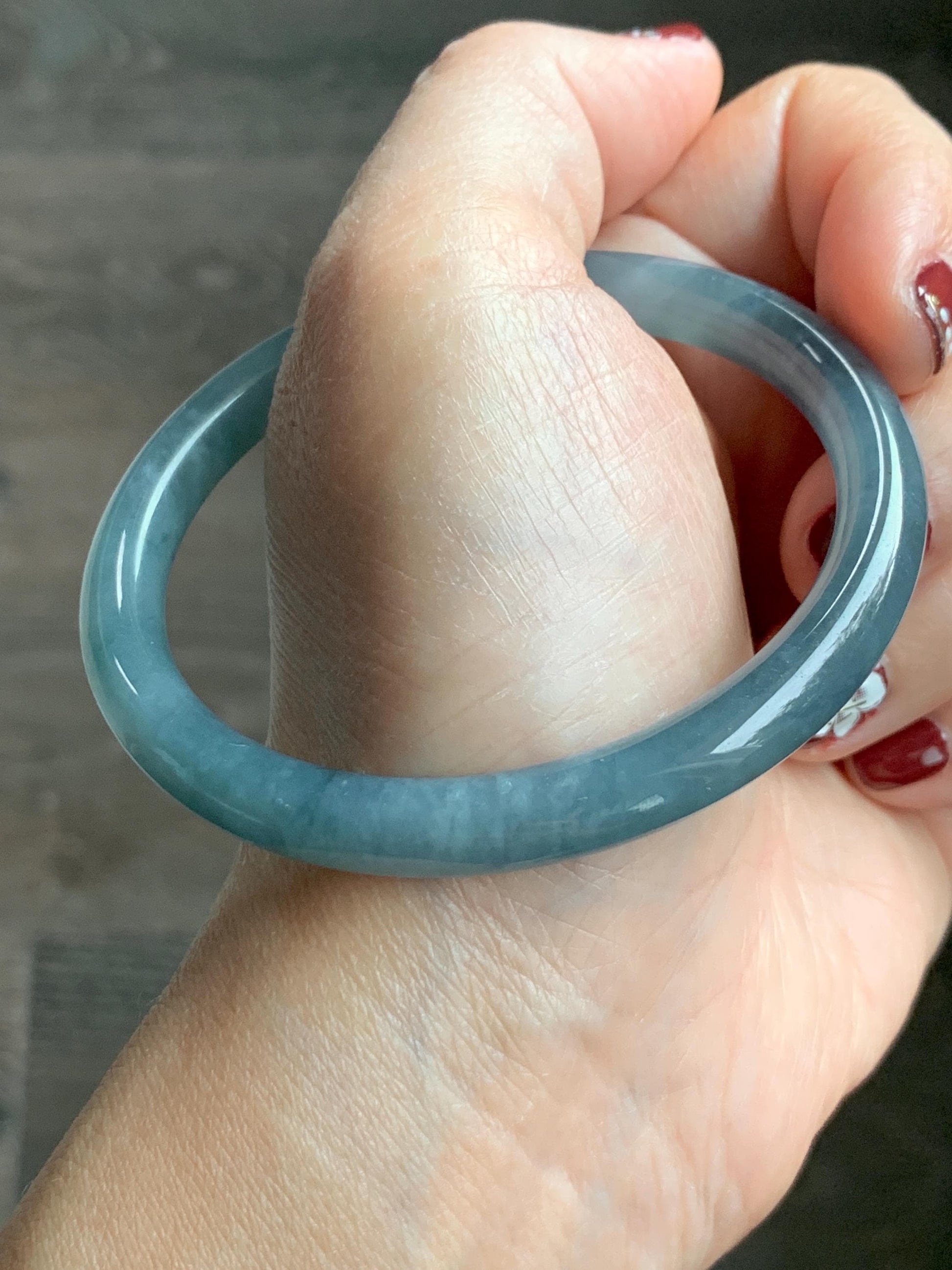 Certified Natural Grade A Guatemalan Icy Translucent Dusty Blue Marbled Jade Jadeite Bangle Bracelet 58.53mm 7.23” 30.3g 天然冰危蓝飘花翡翠圆条手镯 726