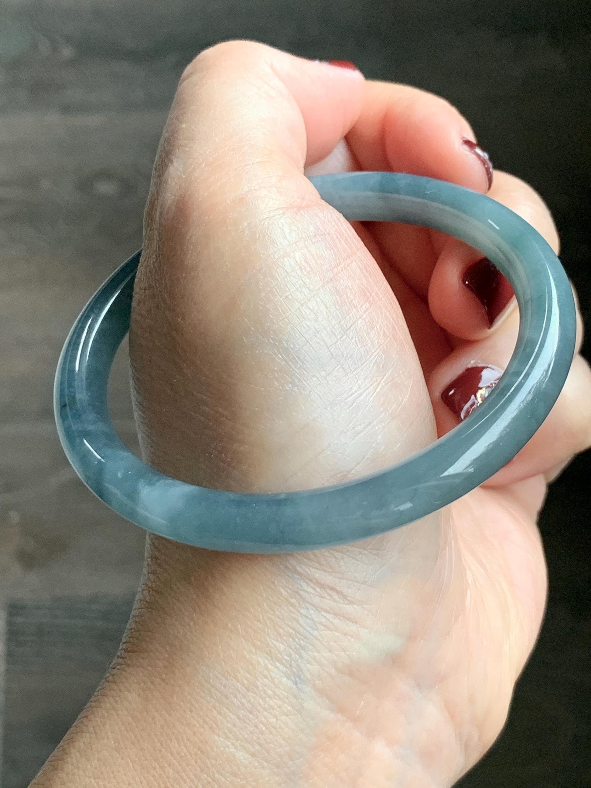 Certified Natural Grade A Guatemalan Icy Translucent Dusty Blue Marbled Jade Jadeite Bangle Bracelet 58.53mm 7.23” 30.3g 天然冰危蓝飘花翡翠圆条手镯 726
