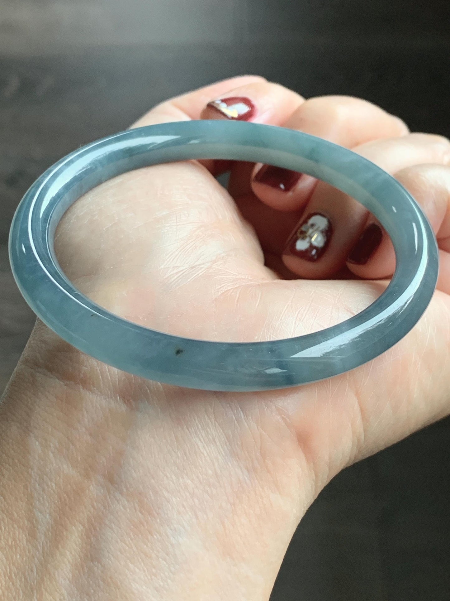 Certified Natural Grade A Guatemalan Icy Translucent Dusty Blue Marbled Jade Jadeite Bangle Bracelet 58.53mm 7.23” 30.3g 天然冰危蓝飘花翡翠圆条手镯 726