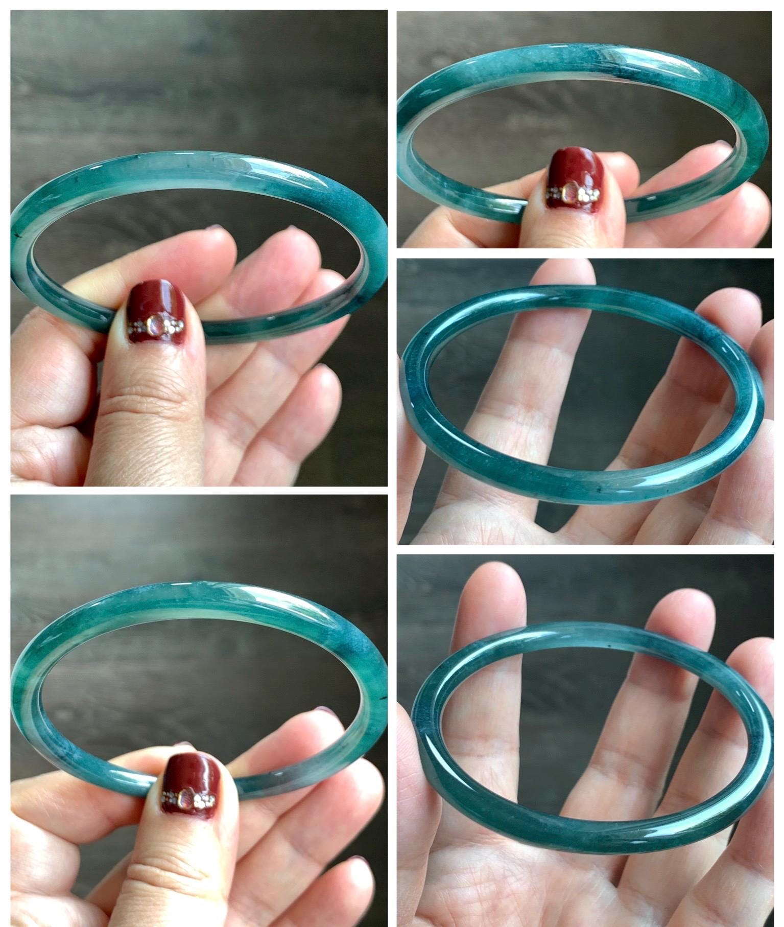 Certified Natural Grade A Guatemalan Icy Translucent Dark Teal Blue Jade Jadeite Slim Bangle 58.68mm 7.25” 16.6g 天然冰胶危深蓝绿翡翠细圆条手镯 729