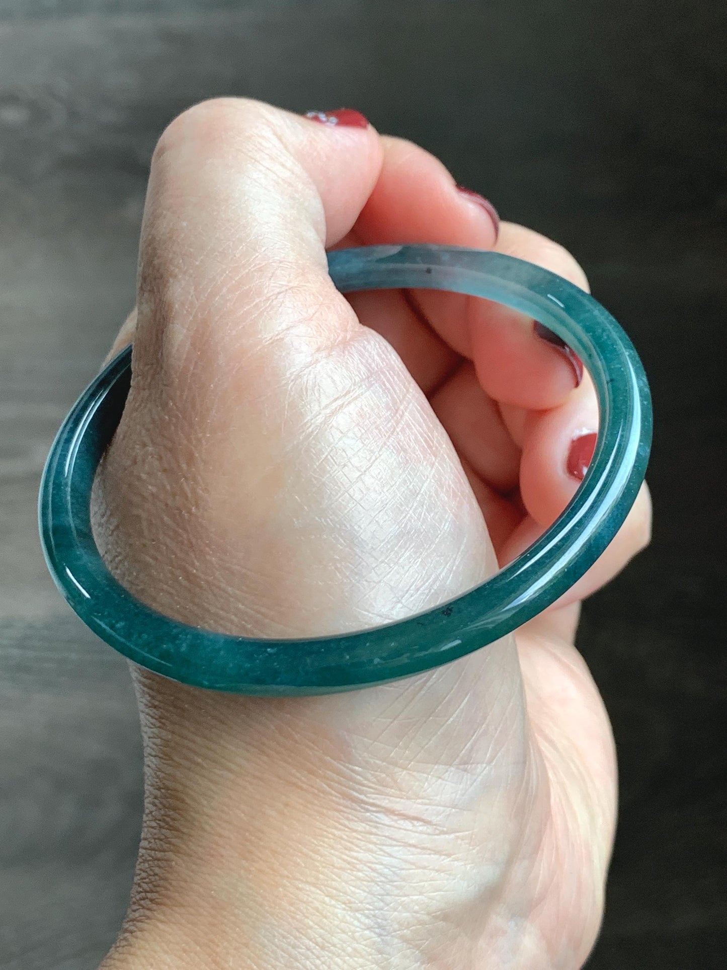 Certified Natural Grade A Guatemalan Icy Translucent Dark Teal Blue Jade Jadeite Slim Bangle 58.68mm 7.25” 16.6g 天然冰胶危深蓝绿翡翠细圆条手镯 729