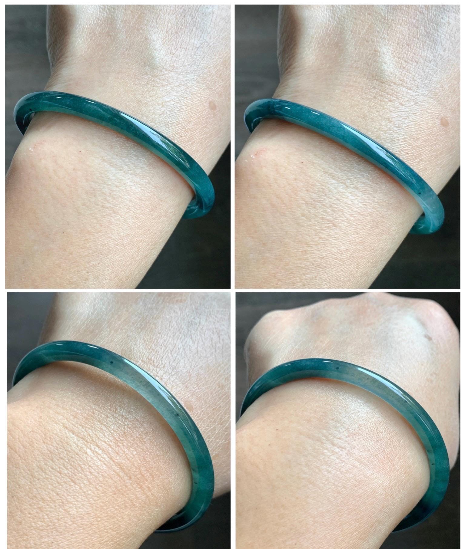 Certified Natural Grade A Guatemalan Icy Translucent Dark Teal Blue Jade Jadeite Slim Bangle 58.68mm 7.25” 16.6g 天然冰胶危深蓝绿翡翠细圆条手镯 729
