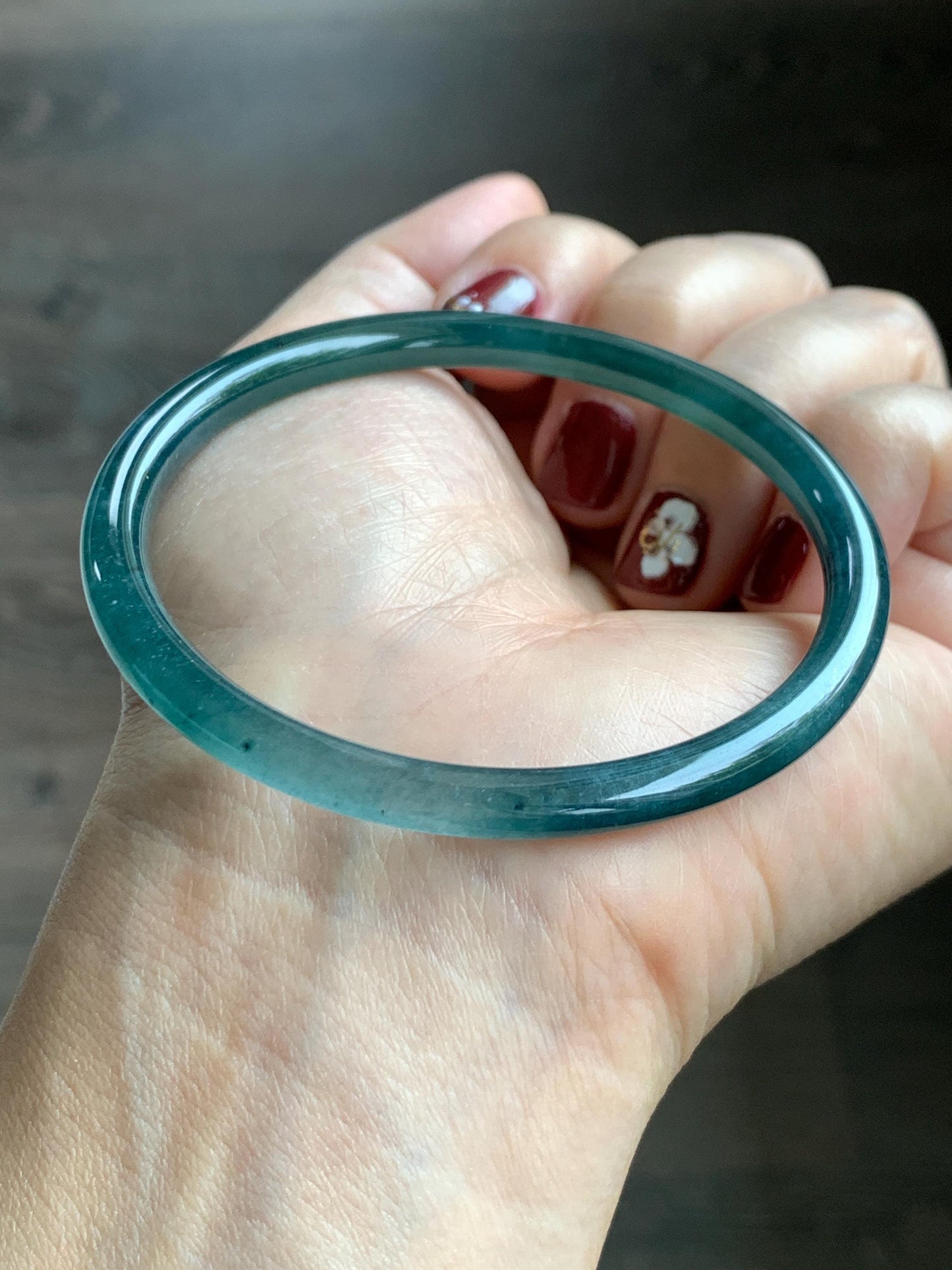 Certified Natural Grade A Guatemalan Icy Translucent Dark Teal Blue Jade Jadeite Slim Bangle 58.68mm 7.25” 16.6g 天然冰胶危深蓝绿翡翠细圆条手镯 729