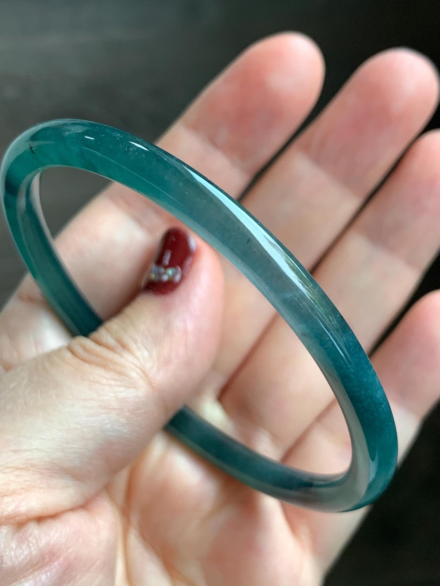 Certified Natural Grade A Guatemalan Icy Translucent Dark Teal Blue Jade Jadeite Slim Bangle 58.68mm 7.25” 16.6g 天然冰胶危深蓝绿翡翠细圆条手镯 729